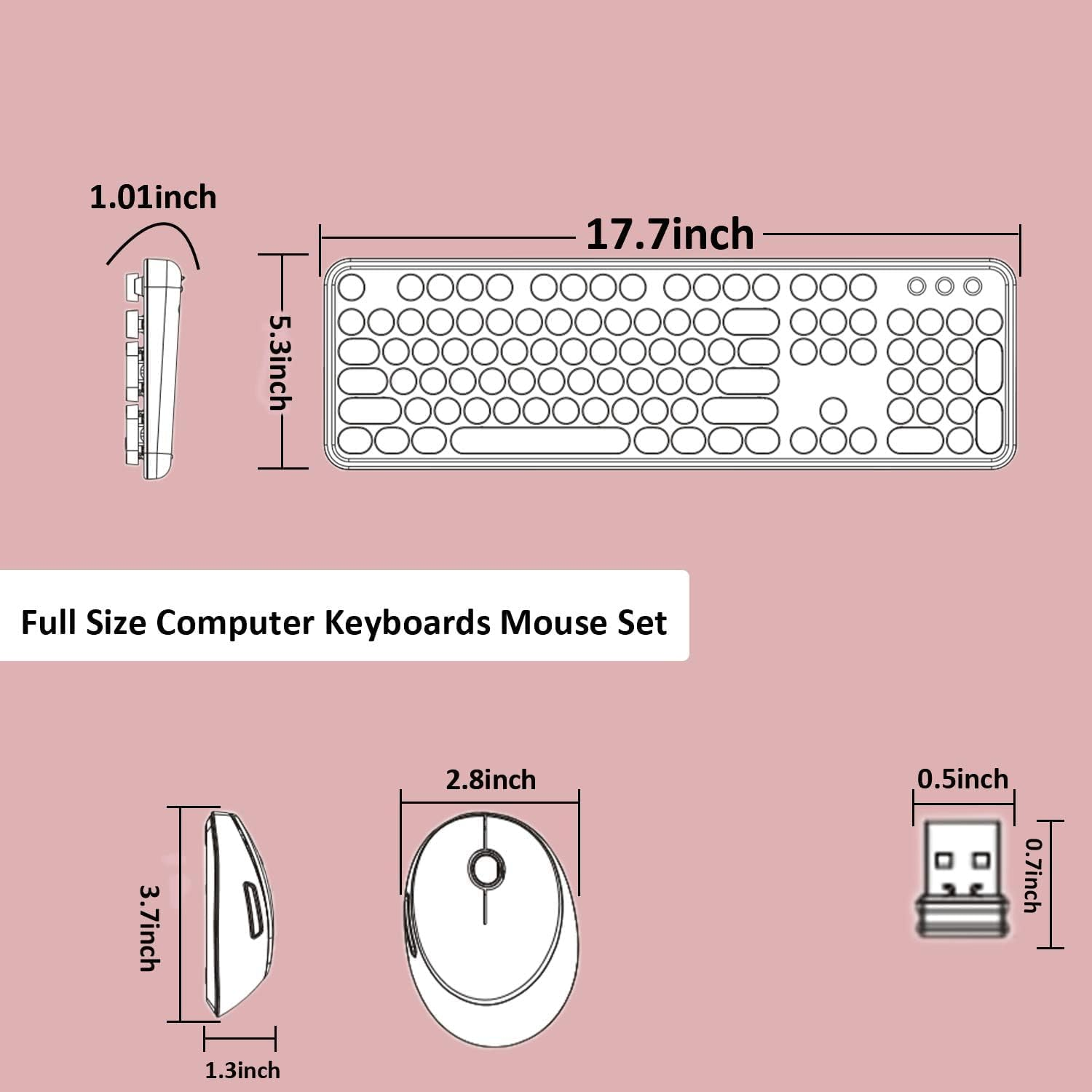 Youker Wireless Keyboard and Mouse Combo USB Wireless Retro Keyboard with round Keycaps 2.4Ghz Dropout-Free Connection Keyboard and Mice for Mac Windows 7/8/10/11 Laptop Desktop image number 3