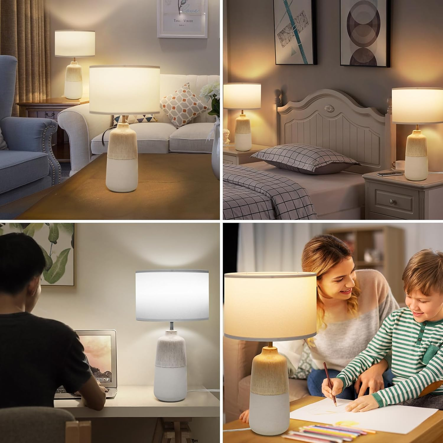 Tisuokae Bedside Lamps Set of 2, Ceramic Tall Bedside Table Lamps with Fabric Shade, Table Lamp with 3 Color Temperatures, Bedroom Table Lamp for Living Room & Office, LED Bulbs Included image number 3