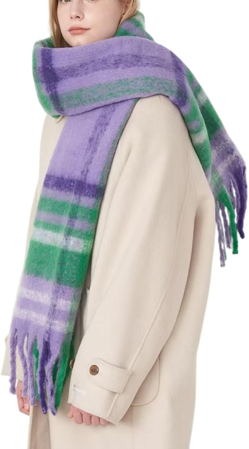 MININAI Womens Large Chunky Color Block Tassel Scarf Oversized Thick Scarves Long Shawl Fashion Winter Warm Blanket Scarf