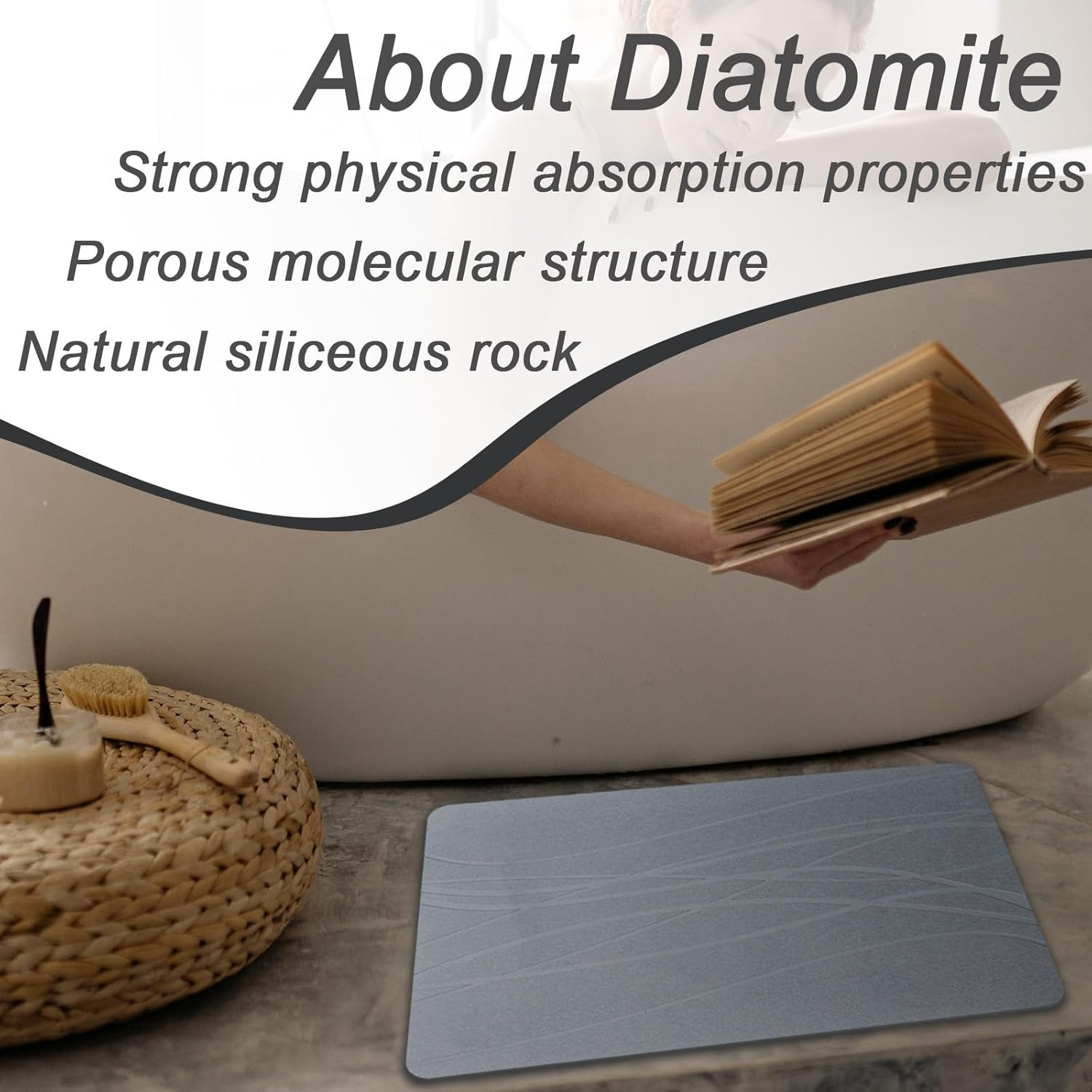 Enkis - Stone Bath Mat, Natural Diatomaceous Quick Drying Mat, 39 * 60CM Non-Slip Super Absorbent Quick Drying Diatomite Mat for Bathroom Shower Floor & Kitchen Counter (Sculptural Lines-Dark Grey) - Sculptural Lines-Dark Grey image number 3