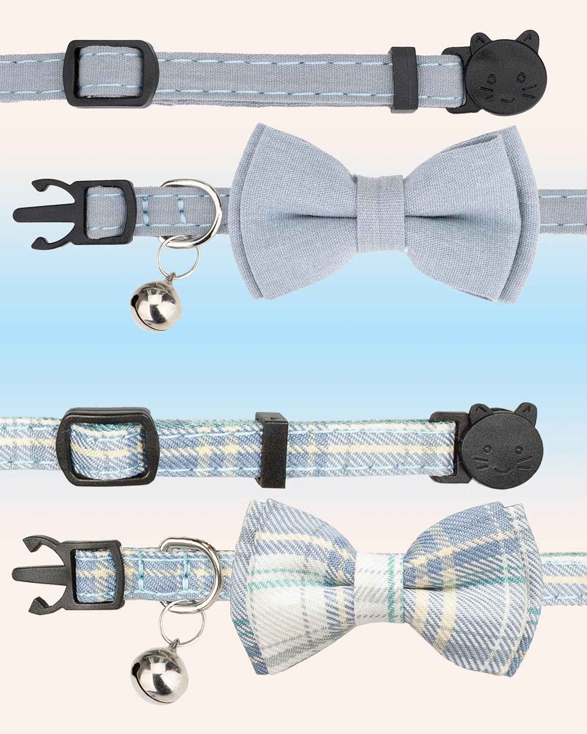 Gyapet Cat Collar Breakaway Bowtie Safety with Bell Adjustbale Kitten Puppy Solid Plaid Color Set D-[2Pcs] Blue - Beige image number 6