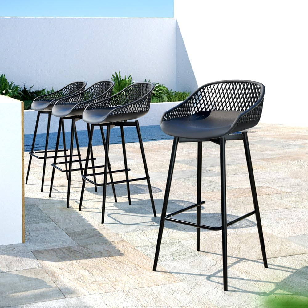 Gardeon Set of 4 Outdoor Bar Stools, Metal Frame Patio Chairs Bistro Dining Lounge Garden Pool Backyard Balcony Deck Furniture, Water-Resistant Backrest Stool with Footrest Black image number 3