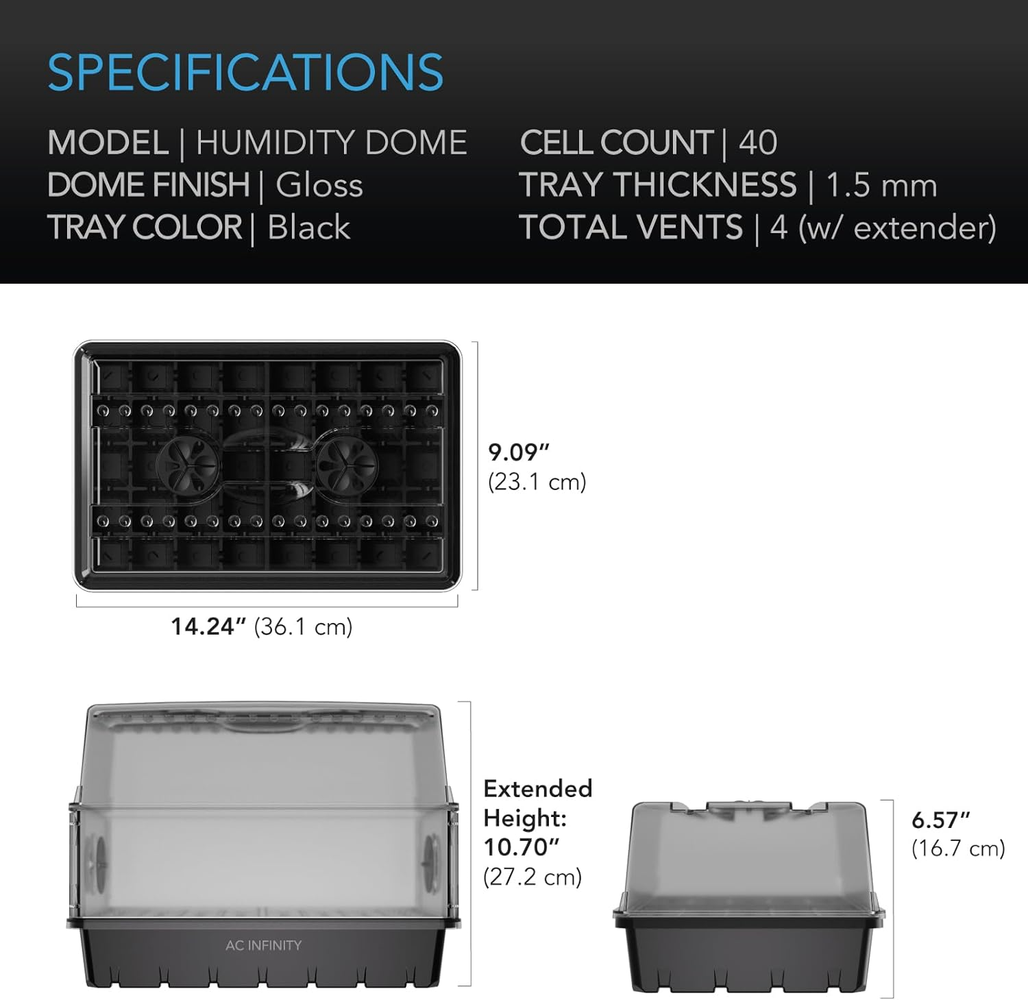 AC Infinity Humidity Dome, Germination Kit with Sturdy Drip Tray, 5X8 Cell Seedling Tray, and Vented Height Extension Panels, for Seed Starting, Propagation, Cloning Plants image number 3