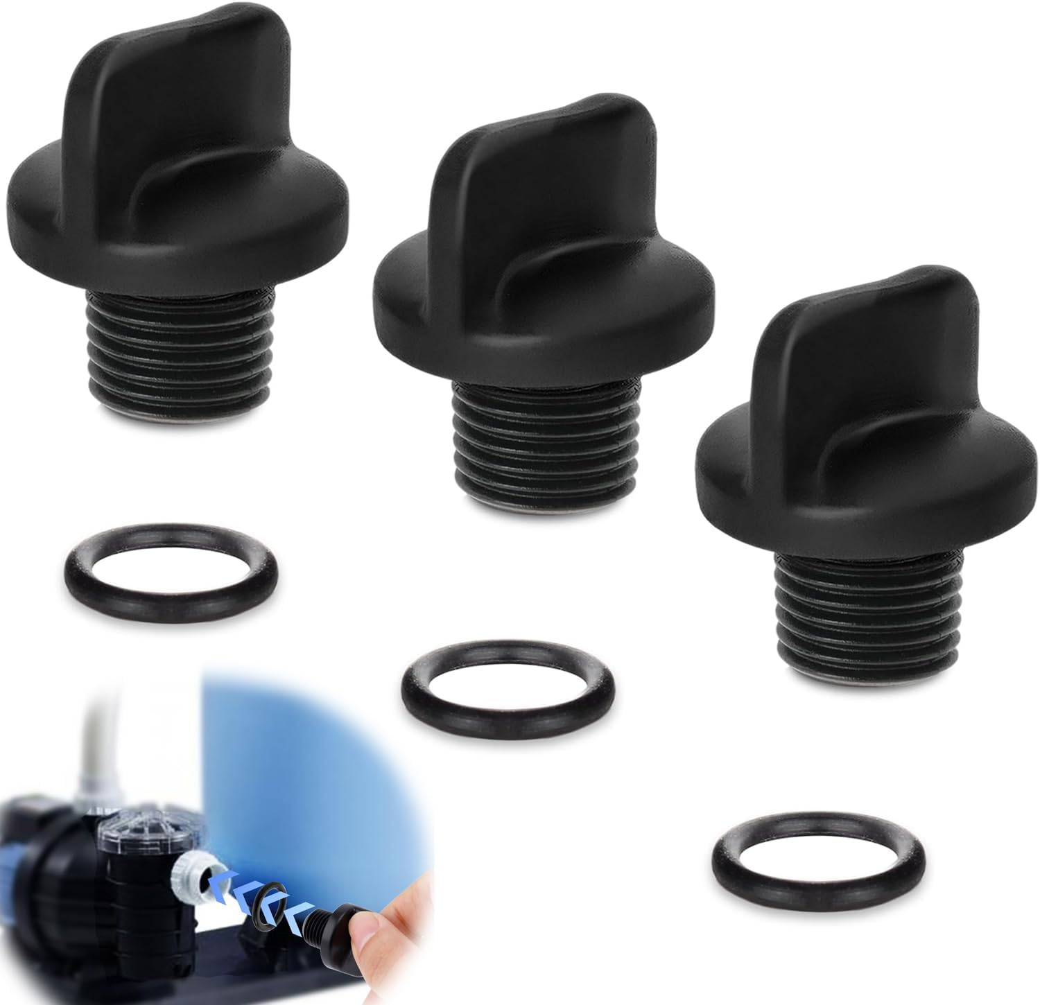 3Pcs R0446000 Drain Plug with 3 O-Rings, Heavy Duty Pool Pump Pipe Gasket & Spa Heater Drain Replacement Parts, Compatible with Zodiac Jandy Filter Pumps & Polaris image number 1