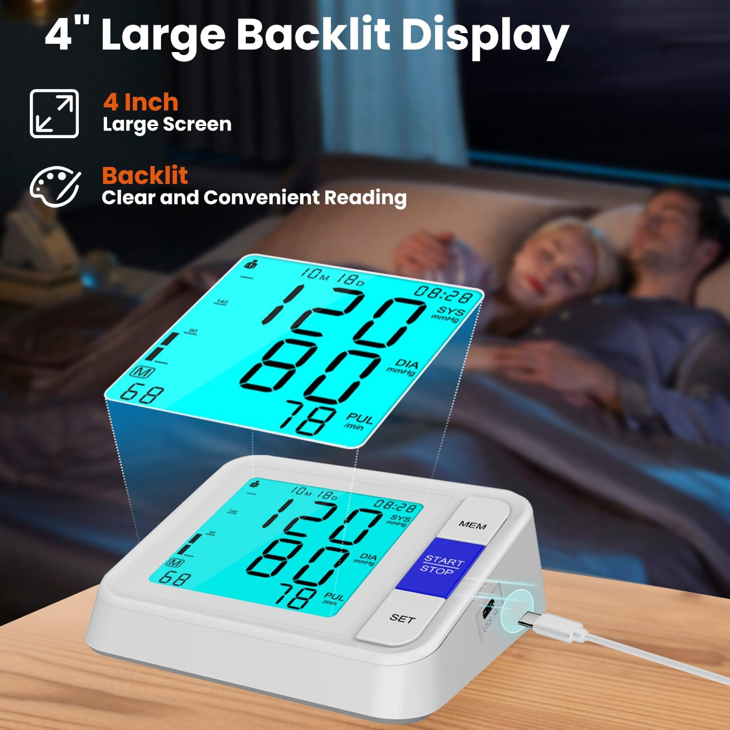 Upper Arm Blood Pressure Monitor with Wide Range Cuff 8.7"-16.5", 4" Large Backlit Display Automatic BP Machine, Dual-User 2&times;90 Memory Accurate Tensiometro Digital for Home Use with Storage Bag image number 3