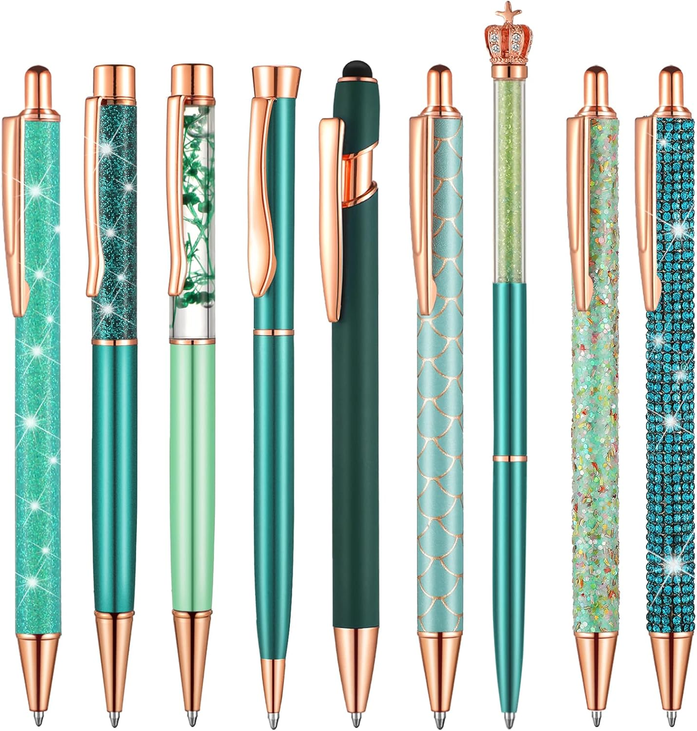 Yaomiao 9 Pcs Ballpoint Pens Set for Women Metal Crystal Diamond Pen Glitter Black Ink Pen Fancy Pens for Women Christmas Birthday Wedding Gift(Malachite Blue) image number 4