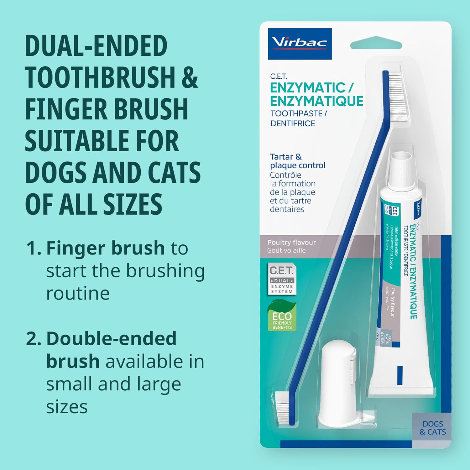 Virbac C.E.T. Oral Hygiene Kit for Cats and Dogs | 3 Piece Set with Dual Ended Toothbrush, Fingerbrush, and Poultry Flavor 2.5 Oz Tube of Toothpaste | Remove Plaque & Tartar Buildup
