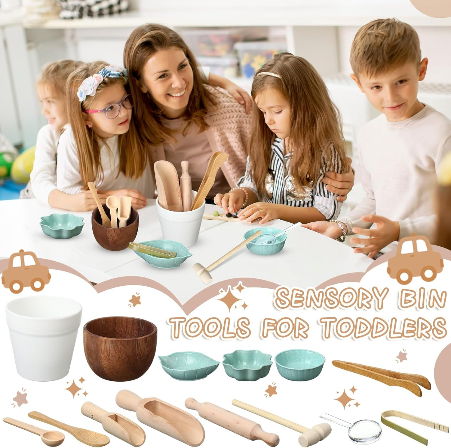 Tiangrid 14Pcs Sensory Bin Tool Sensory Tools for Boys and Girls Sensory Bin Toys Wooden Tong Spoons Bowls Plate Hammer Magnifying Glass and Rolling Pin for Transfer Work and Fine Motor Learning image number 1