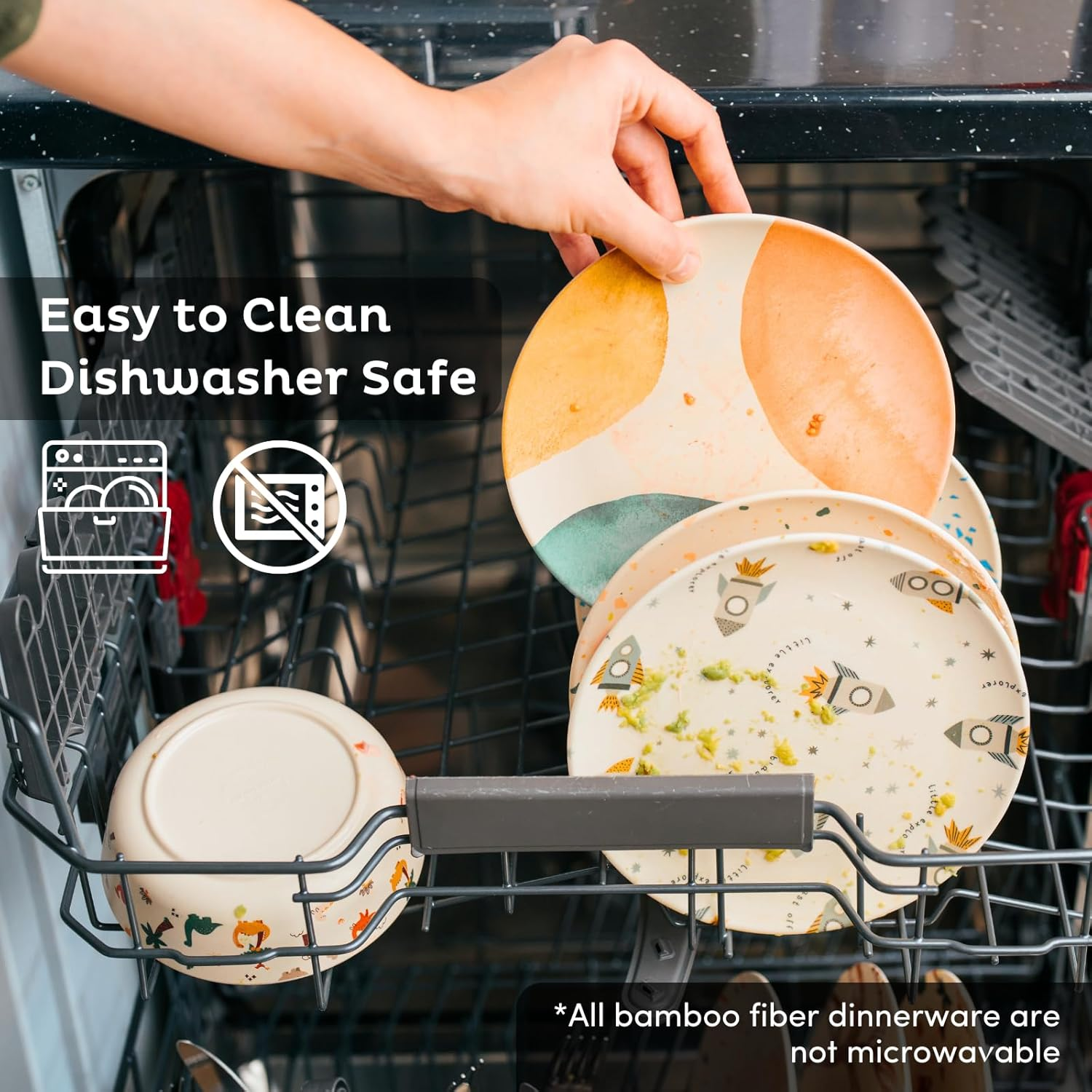 Nook Theory 4 Pack Reusable Bamboo Plates - Non-Toxic Toddler and Kids Plate, Dishwasher Safe, Not Microwavable Dinnerware (Celebration 10") image number 3