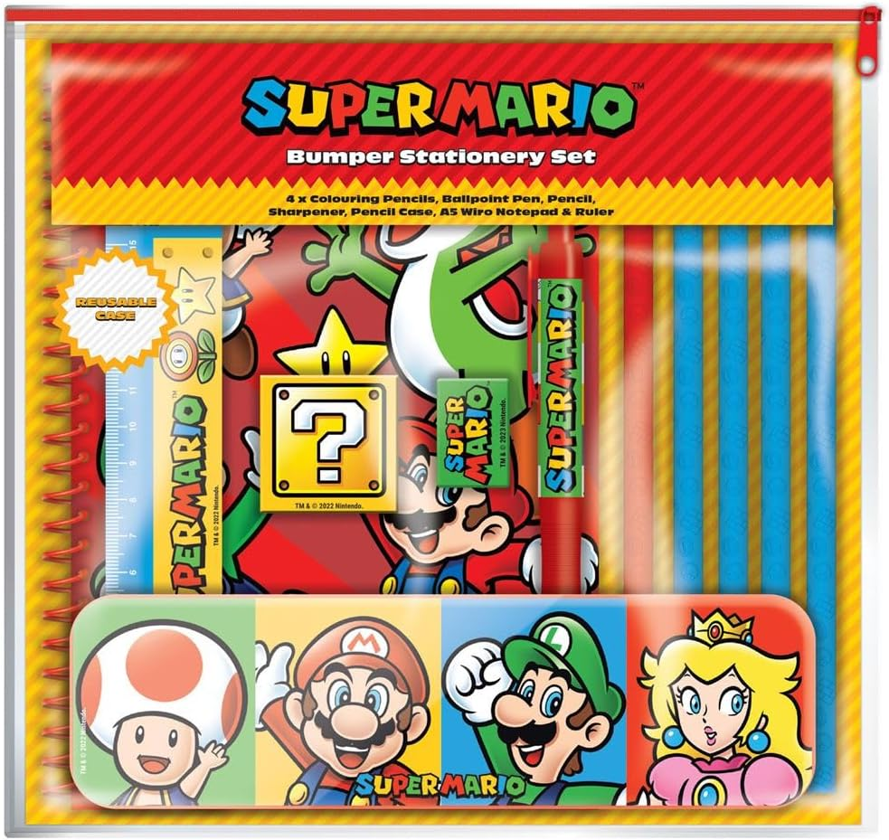Super Mario Bumper Stationery Set - Core Colour Block Design, Comprehensive School & Office Supplies Kit - Includes Various Essential Items - Officially Licensed Nintendo Merchandise
