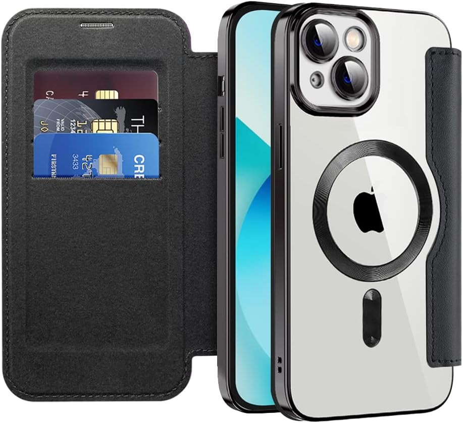 QIWEIQING Magnetic Case for Iphone 13 Pro Max, Compatible with Magsafe, PU Leather Flip Wallet with Card Slot, Transparent Back Mobile Phone Case for Iphone 13 Pro Max, Black JDC