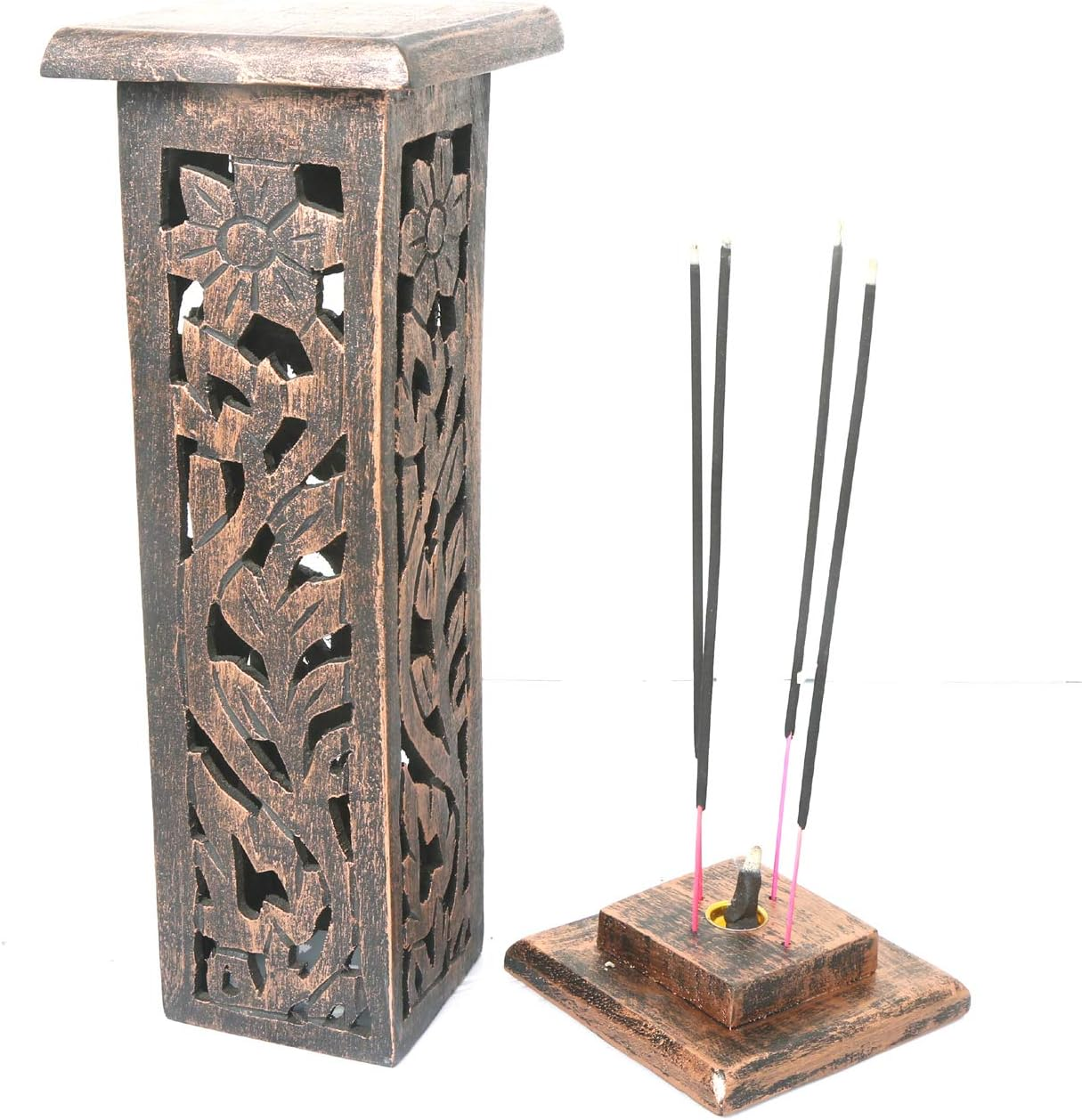 WILLART Wooden Incense Burner Stick Dhoop Stand Holder Burner | Four Stick Holder Tray | Hand Carved Flower Design | Ash Catcher |12 Inches | Home Fragrance | Aromatherapy Meditation Pooja Yoga | Home Accessories |Gift