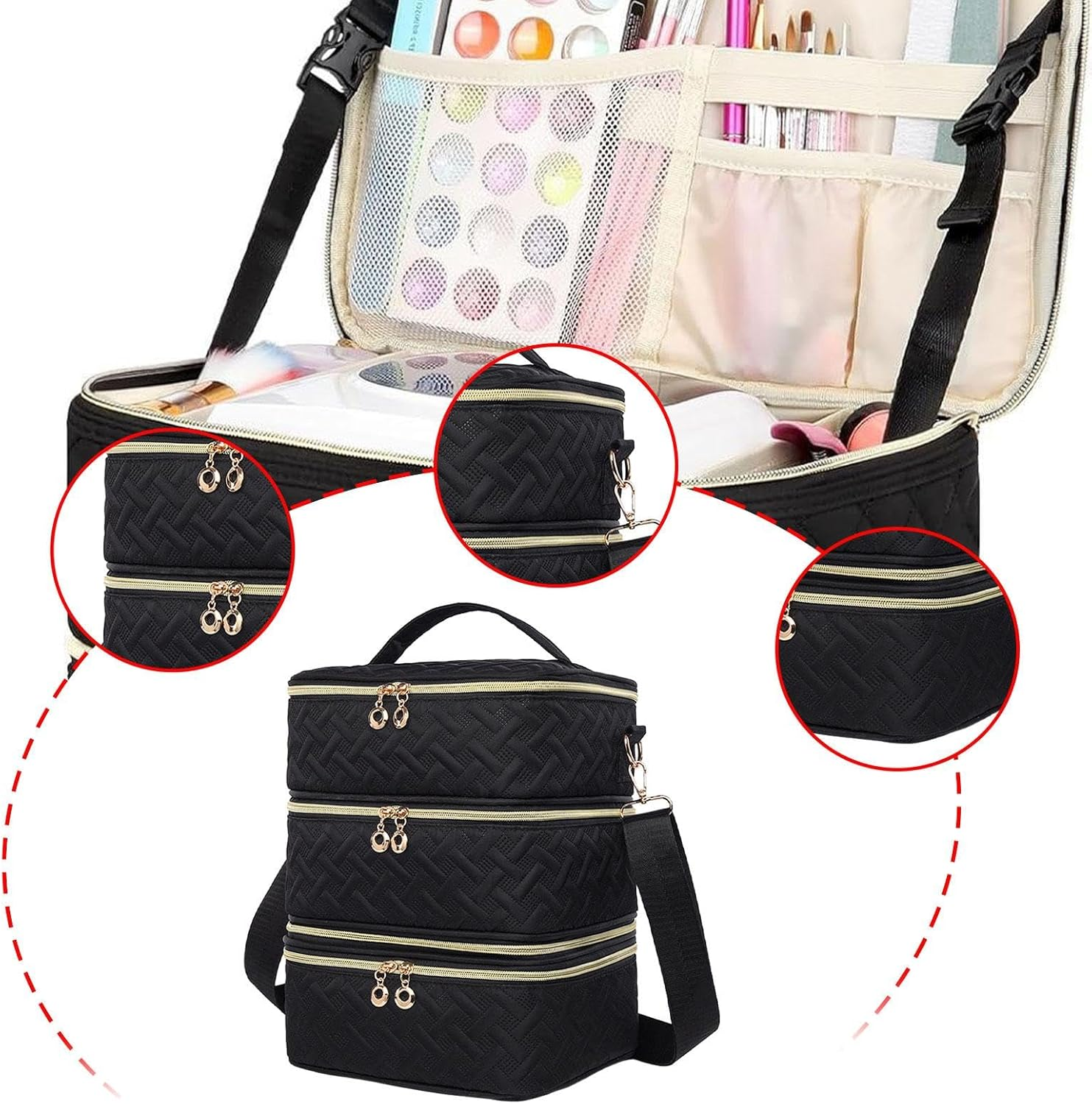 Ysyqkn Nail Polish Carrying Case Organizer 3 Layer with Handle Holds 60 Bottles Nail Polish Holder Cosmetic Bag for Manicure Tools, Woven Texture image number 3