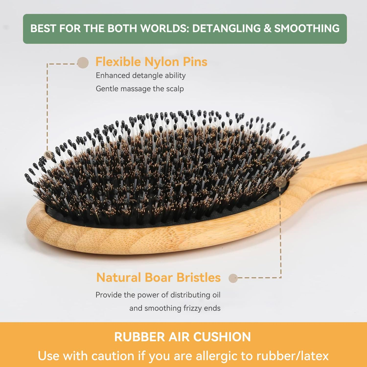 Boar Bristle Hair Brush - Natural Hairbrush Massage Comb for Thick Thin Long Short Wet or Dry Hair, Wooden Paddle Nylon Bristle Brush for Smoothing, Massaging, Detangling for Women and Men
