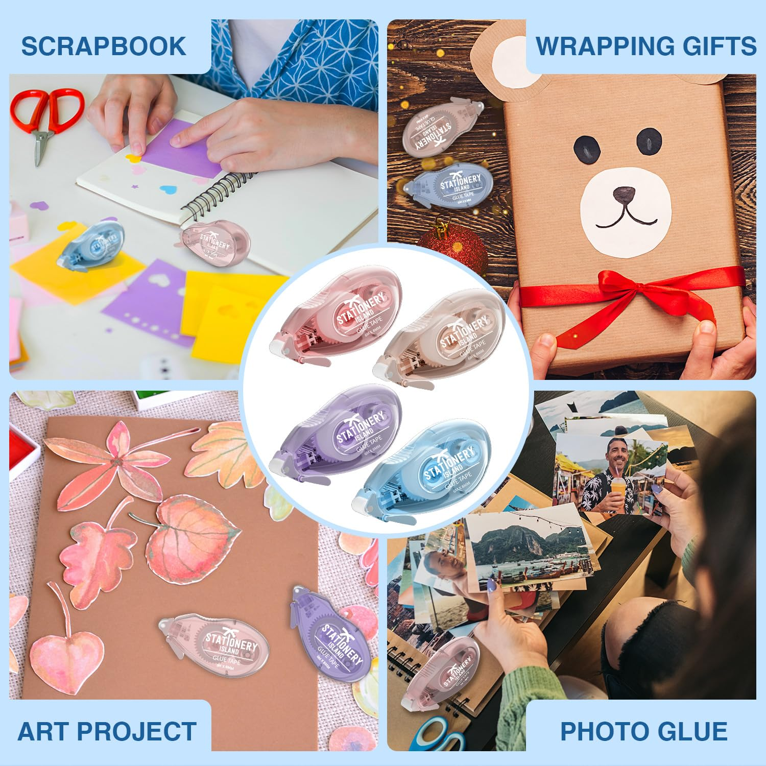 STATIONERY ISLAND Glue Tape Roller, 4 Pack Double Side Tape Dispenser, Scrapbooking Supplies, 6Mx8Mm Adhesive Glue Roller Tape for Crafting, Cards, Photo, Journal and Scrapbooking - Pack Of 6 image number 4