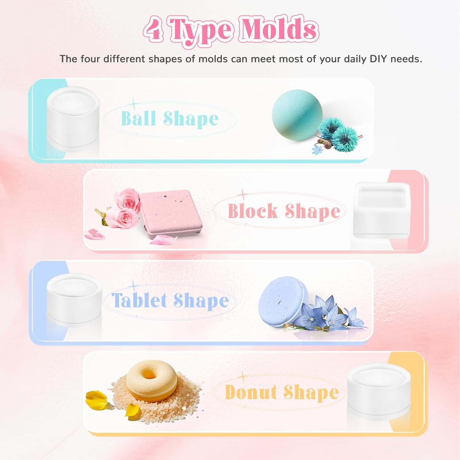 Bonoutil 4PCS Bath Bomb Molds-Ball/Block/Tablet/Donut Shape image number 1