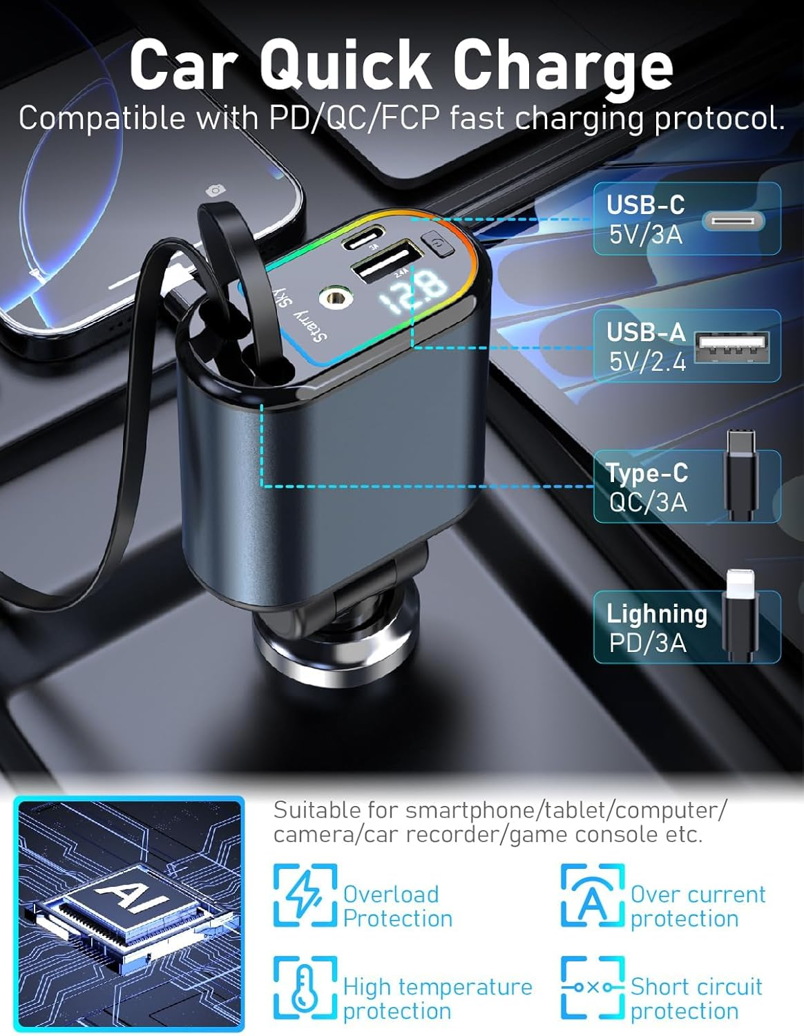 Upgraded Retractable Car Charger 120W with Starlight, 4 in 1 Retractable Car Charger with Type-C Cable, Ios Cable, USB-C & USB-A Compatible with Iphone 16/15/14/13/12/11,Galaxy,Pixel image number 6