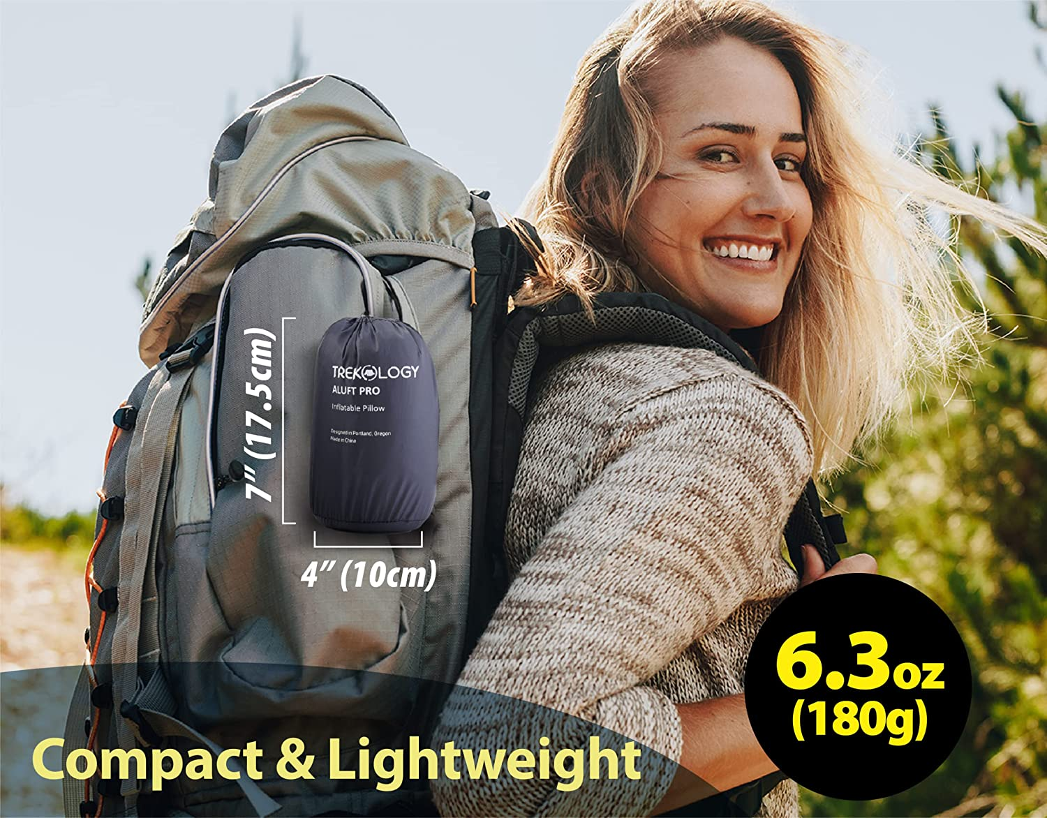 TREKOLOGY Aluft Pro Camping Pillow &ndash; Large Inflatable Travel Pillow with Removable & Washable Cover, Ultra-Lightweight for Backpacking, Hiking, Beach &ndash; Compact, Neck Support, Easy Inflation image number 1