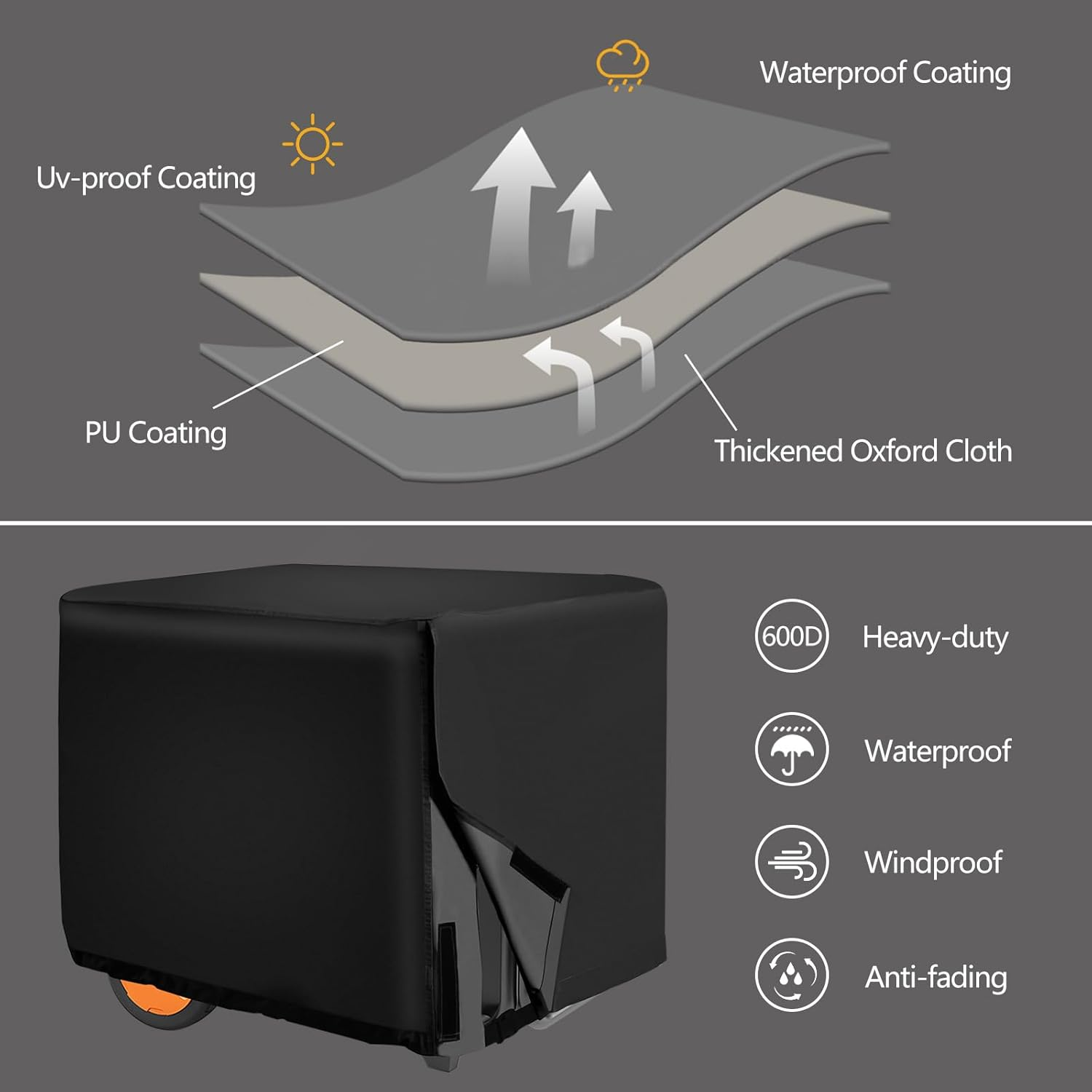 Generator Cover, 600D Waterproof Universal Generator Cover, Heavy Duty 38 X 28 X 30 Inch Outdoor Generator Covers, Suitable for 5500-15000Watt, Black image number 4