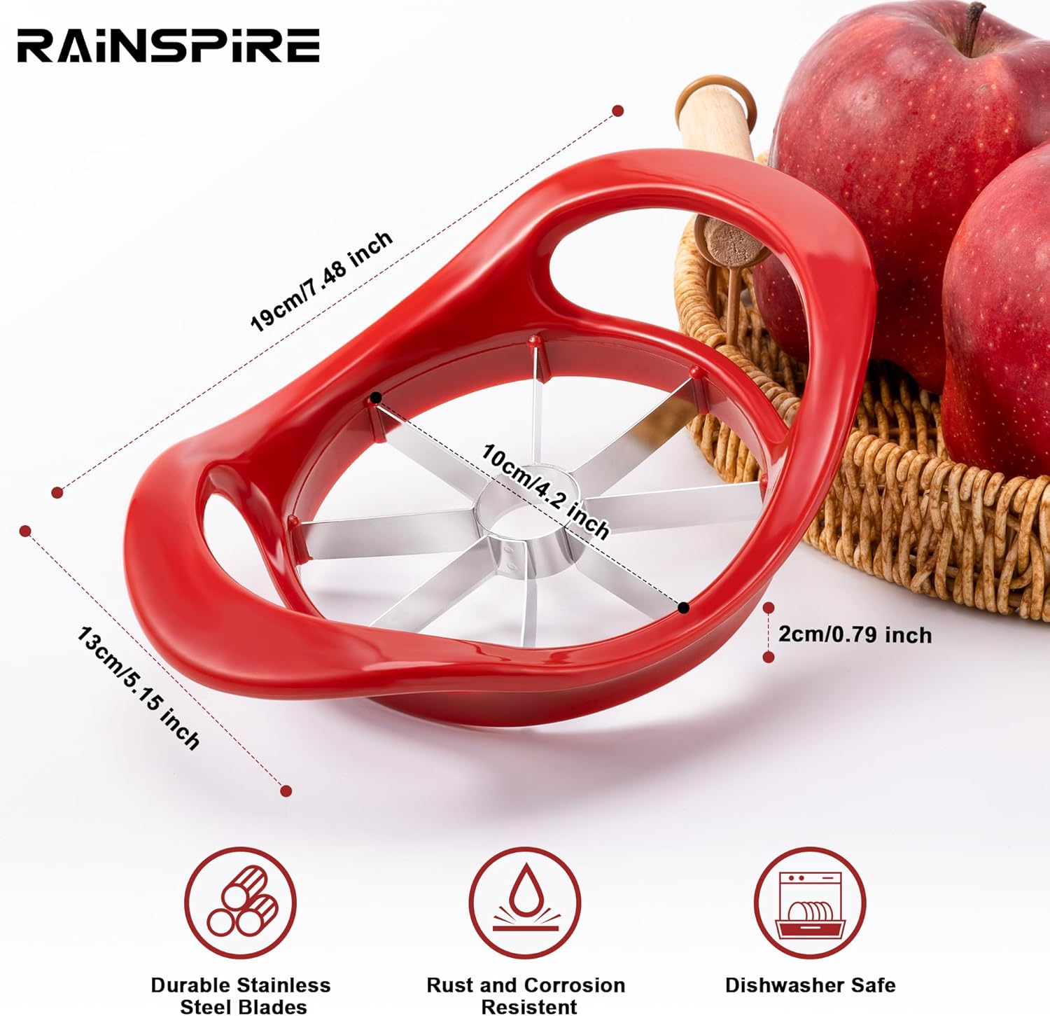 Rainspire Apple Cutter 8 Slices, 8 Blade Apple Slicer and Corer, Apple Corer Tool with Stainless Steel Blades, Super Sharp Fruit Cutter Fruit Slicer, Red image number 1