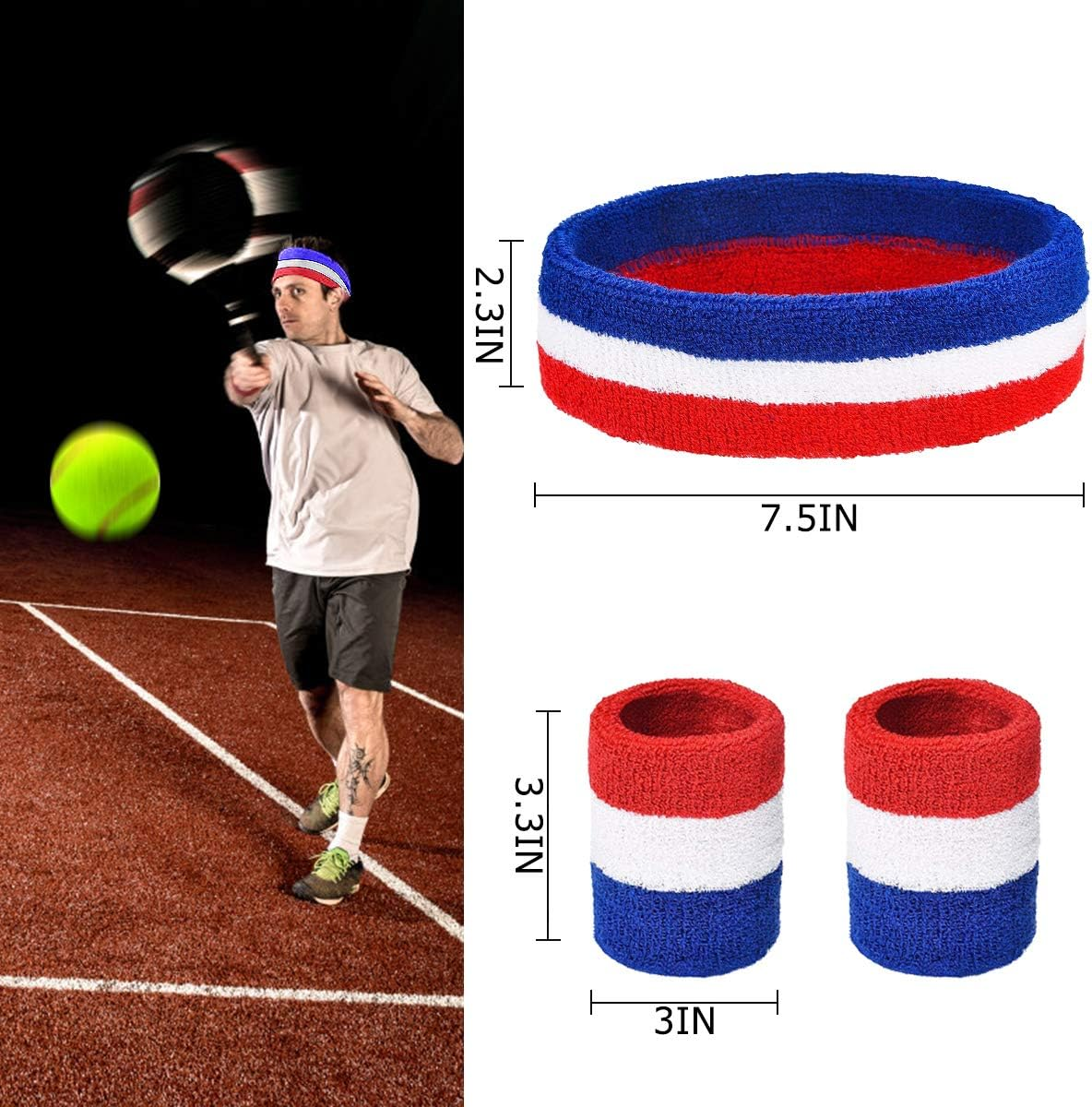 PAMASE Striped Sweatbands Set, Including Sports Headbands and Wristbands Cotton Sweat Band American Flag Style for Tennis Athletic Men Women