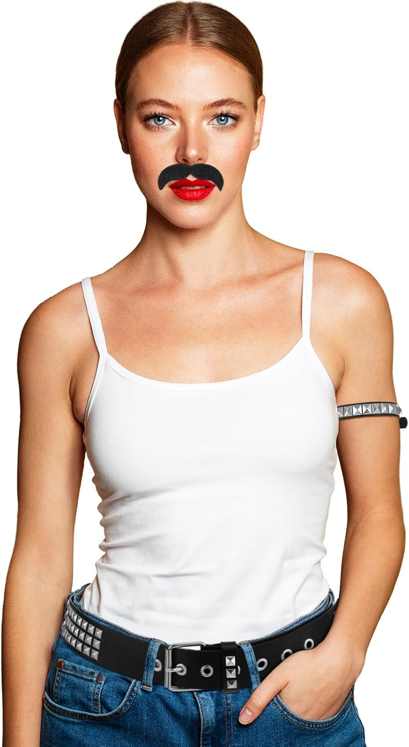 Rock Band Costumes Accessories Halloween Rocker Costume Studded Belt and Armband Self Adhesive Mustache 70S 80S 90S Metal Punk Rock Party Cosplay Gothic Rocker Accessory for Women Men, Black image number 1