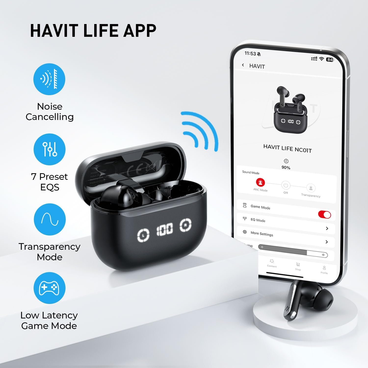 Havit Active Noise Cancelling Wireless Headphones, Bluetooth 5.4 in Ear Headphones, 3D Bass Stereo Wireless Earbuds with 4 ENC Noise Cancelling Mic, 40H Bluetooth Earbuds with LED Display image number 4
