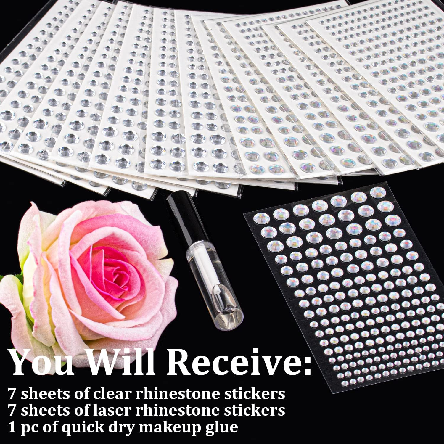 2758 Pcs of Rhinestone Stickers 3/4/5/6/8Mm Clear+Laser Self Adhesive Face Gems, Stick on Body Crystal Jewels with Quick Dry Makeup Glue for Face Eye Hair Nails Make up and Craft DIY Decorations - 06-14 Sheets Clear+Laser image number 3