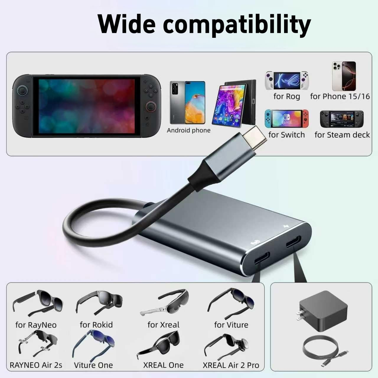 NCGGY XREAL Hub,Charge and Play Adapter,Power Your AR Glasses While Charging Your Source Device,Like Steamdeck,Swtch,Rog Ally, Phone 16 15 or Other USB C Interface Devices,4K@60Hz+65W Fast Charging image number 5