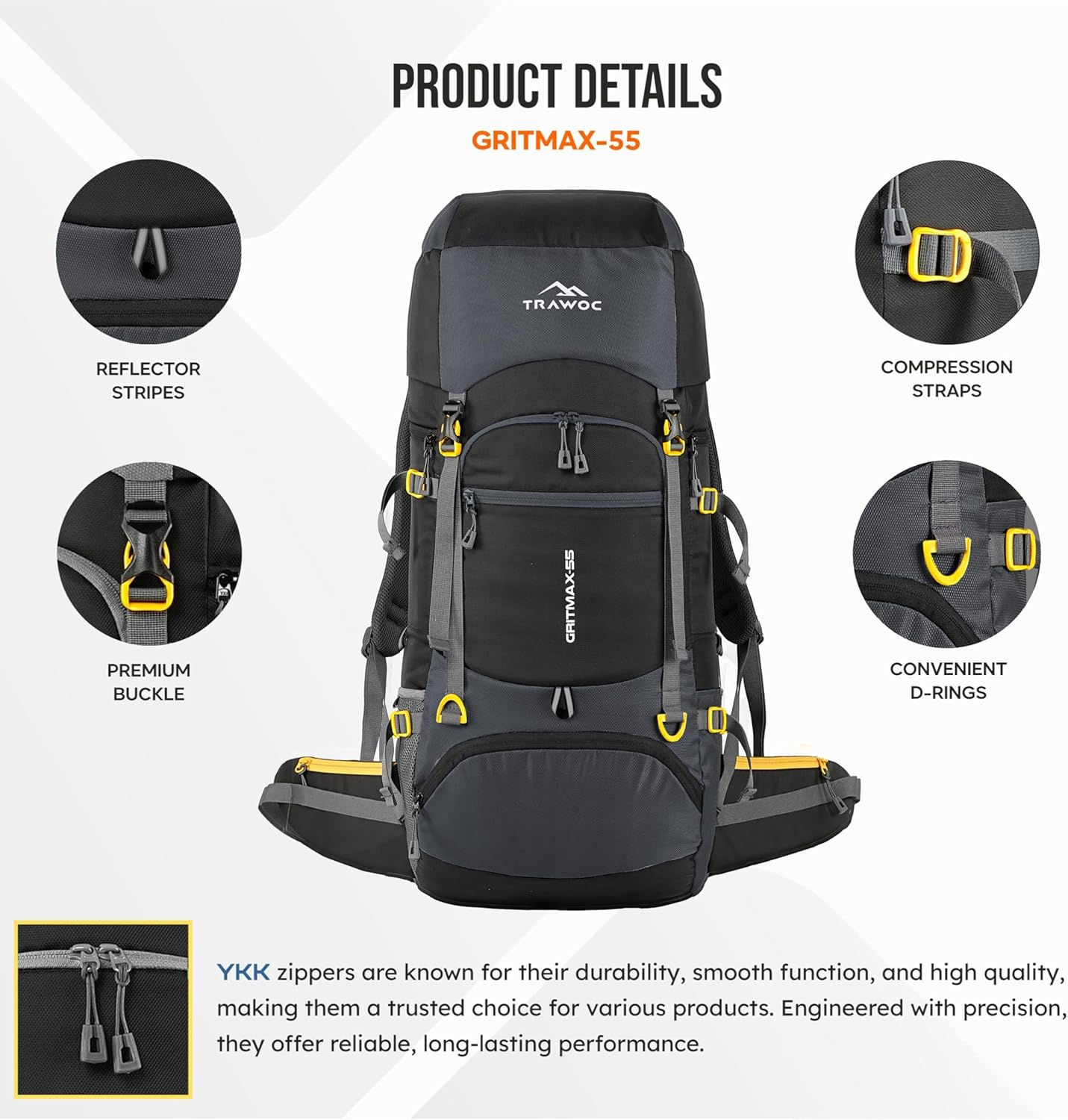 TRAWOC GRITMAX 55 Litre Travel Bag Front & Top Open Backpack for Hiking Trekking Camping, Rucksack for Men & Women with Rain Cover and Shoe Compartment image number 5