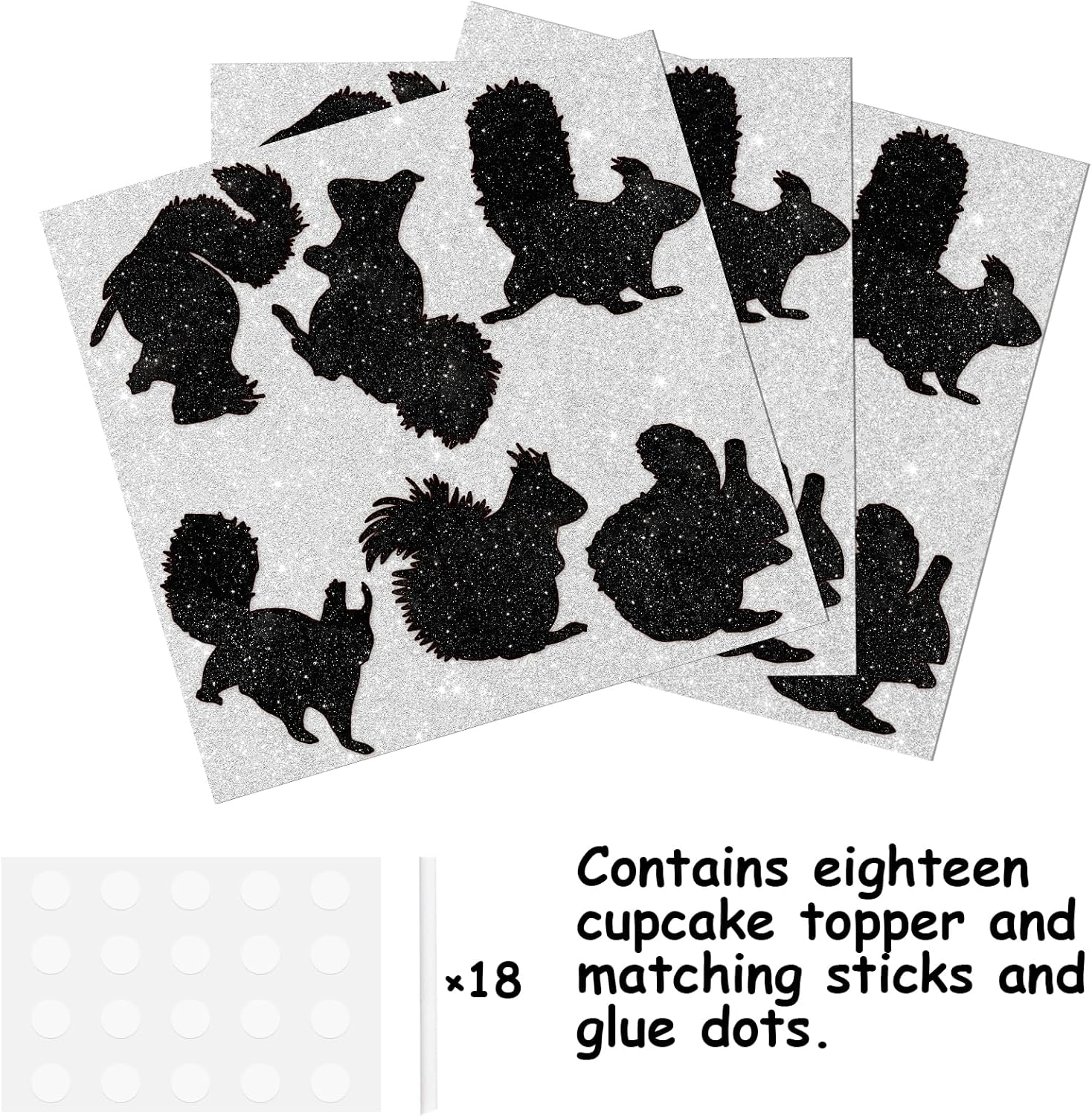 18Pcs Black Silhouette Glitter Squirrel Dessert Cupcake Topper Pick for Forest Animal Theme Decor Supplies Baby Shower Boys Girls Happy Birthday Party Decorations image number 3