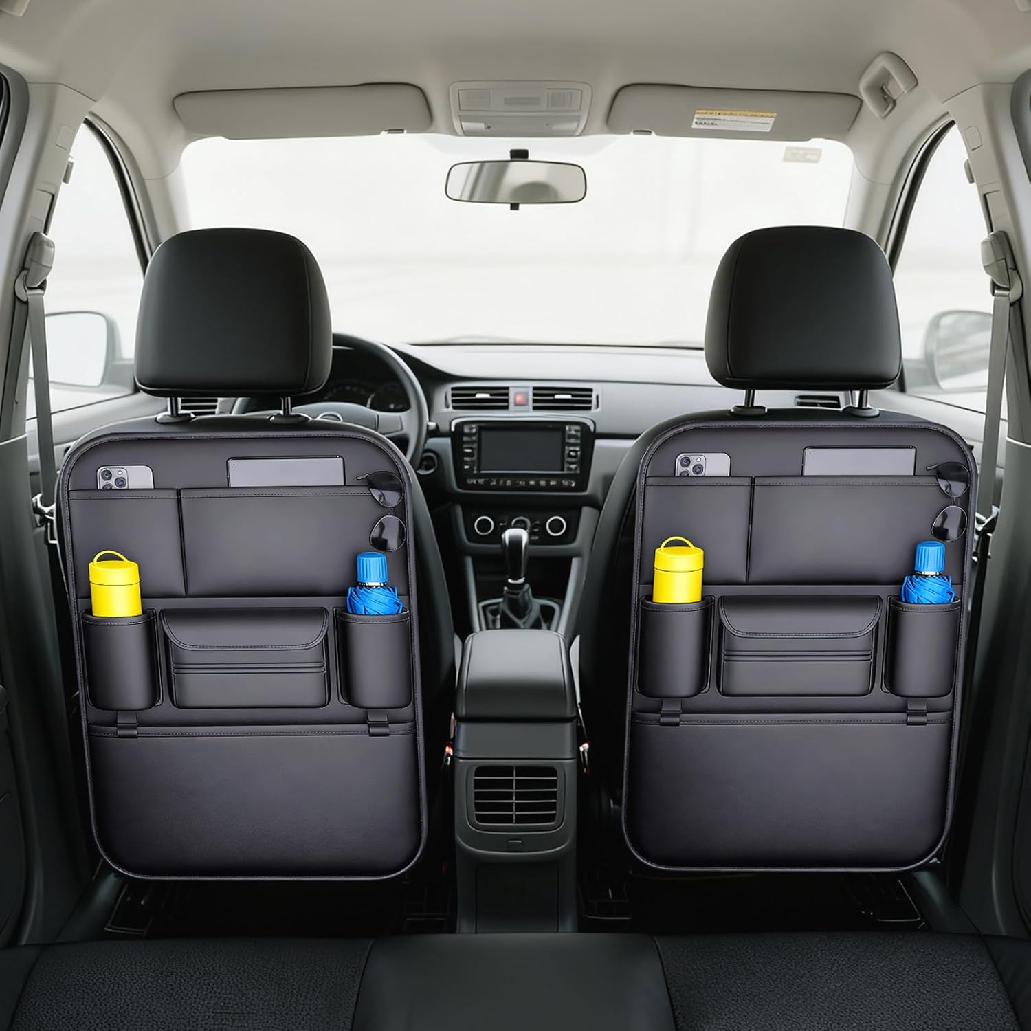 Car Backseat Organizer 2-Pack- Kick Mats Back with 6 Storage Pockets,And Adjustable Buckle Strap Waterproof Car Storage Organizer Backseatuse Premium Leather for Family Road Trips image number 2