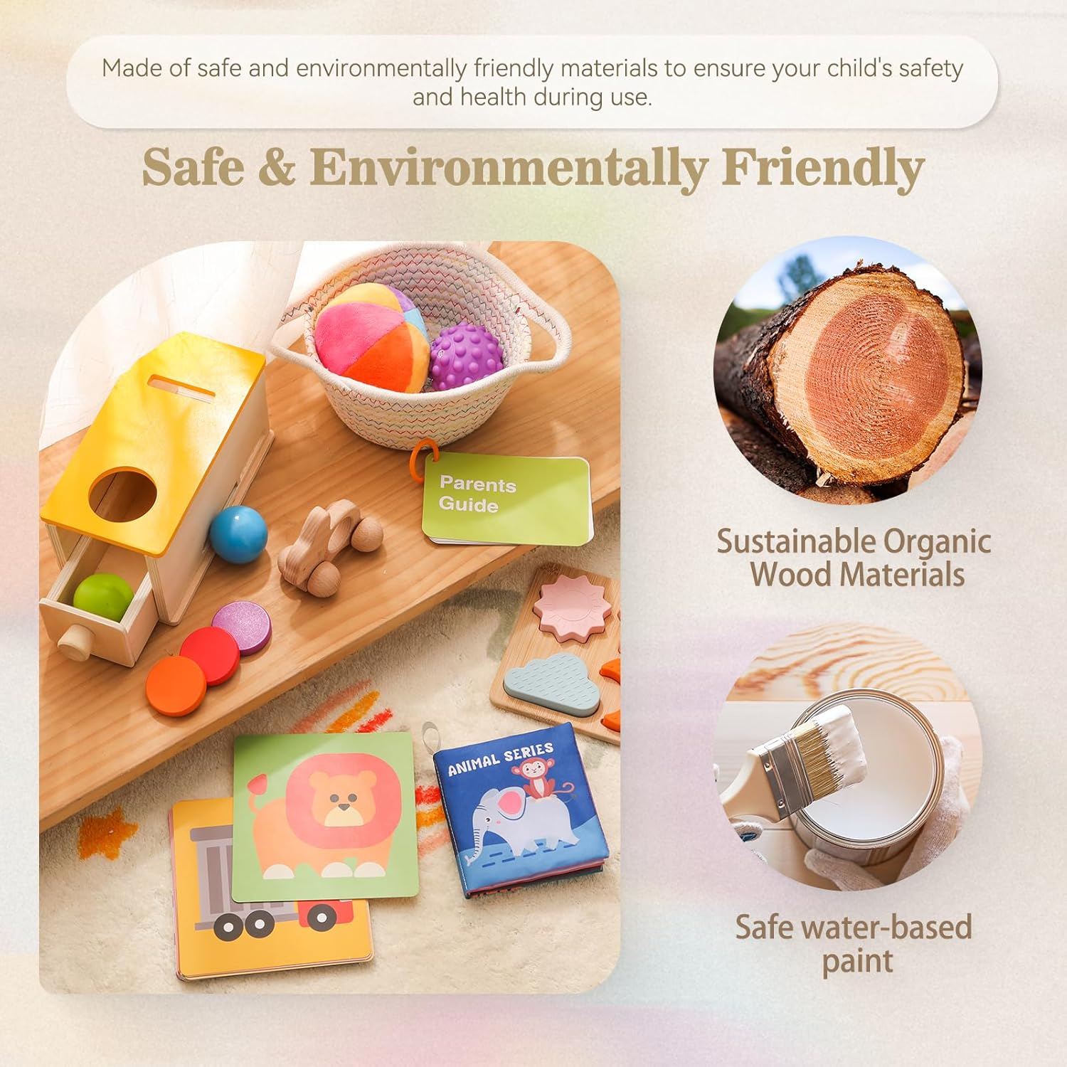 Montessori Toys for Babies 6-12 Months 6 in 1 Learning Educational Toy Set Wooden Toys Play Kit Includes Object Permanence Box, Touch & Match Board, Sensory Ball & Treasure Basket, Soft Baby Book image number 4