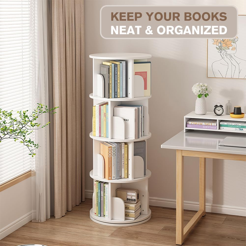 4 Tier Rotating Stackable Shelves Display Bookshelf Organizer Floor Standing Corner Narrow Revolving Bookcase for Living Room, Bedroom (White) image number 4