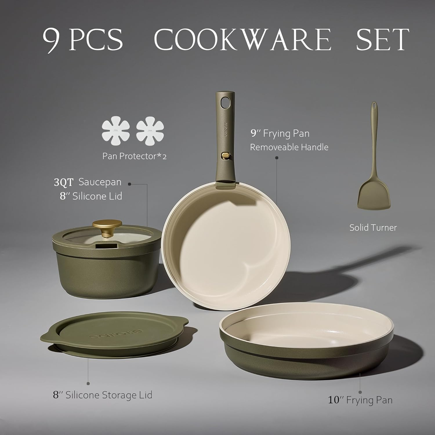 Carote 9Pcs Ceramic Cookware Set with Detachable Handles, Pots and Pans Set Non Stick, RV Kitchen Cooking Pot and Pan, Dishwasher Safe, Non-Toxic Induction Cookware PFAS and PFOA Free, Green image number 4