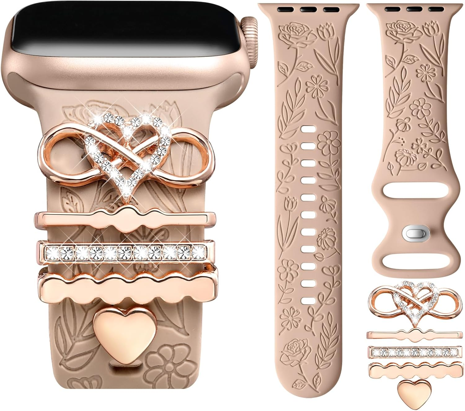 Witzon Flower Engraved Band Compatible with Apple Watch Bands 38Mm 40Mm 41Mm for Women, Soft Silicone Sport Band with Decorative Apple Watch Charms for Iwatch Series 9 8 7 6 5 4 3 2 1 SE (With Band)