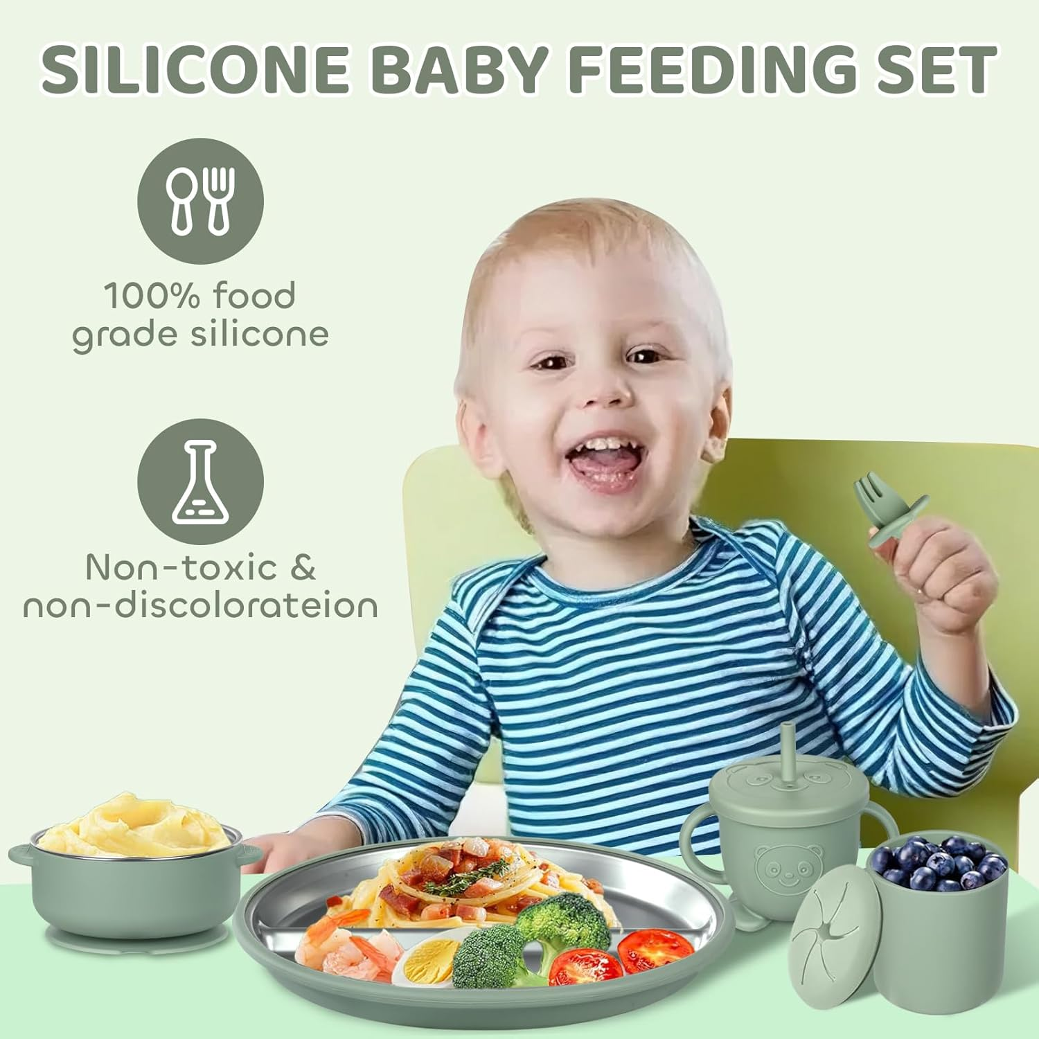 10Pc Baby Feeding Set | Stainless Steel Divided Plate&Suction Bowl with Removable Silicone Suction Base, Silicone Bib, Sippy Cup with Lid, Forks Spoons Snack Container for Baby Led Weaning Supplies image number 2