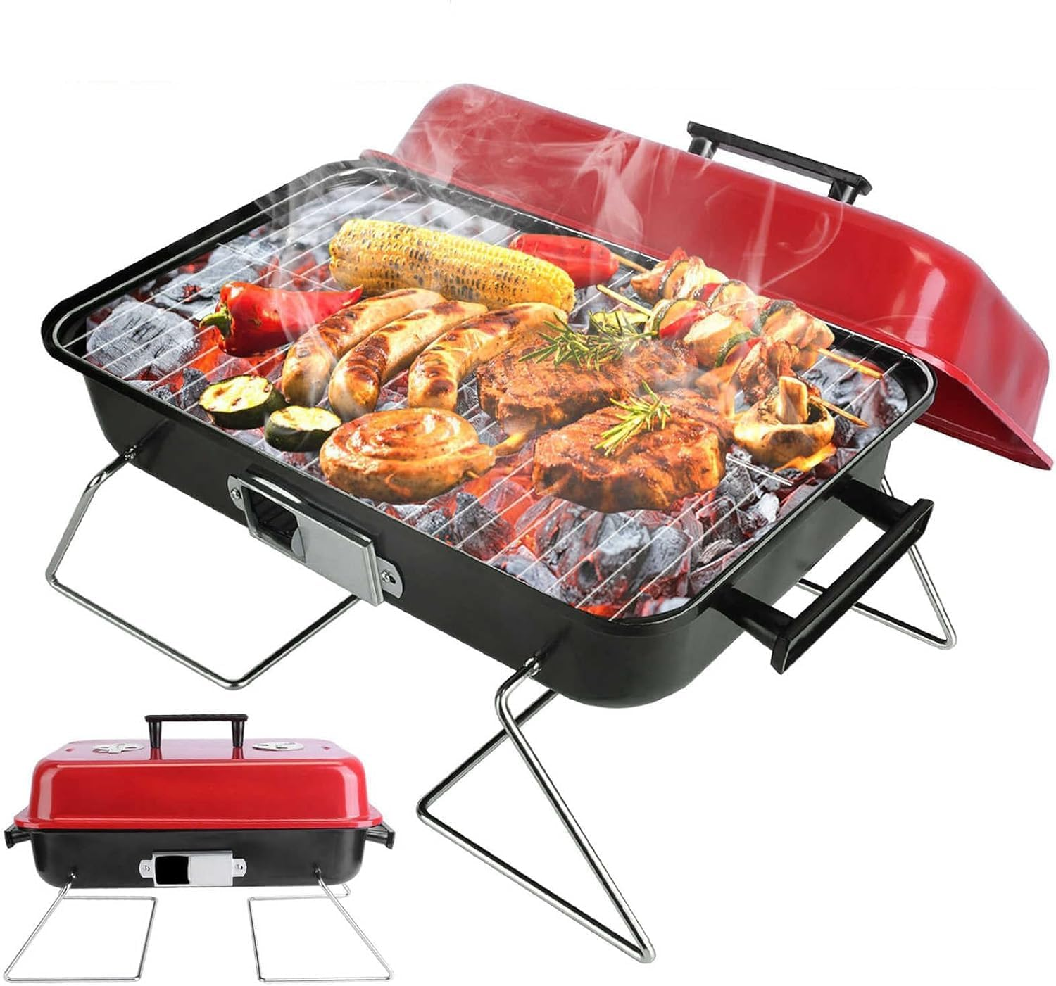 Portable Charcoal Grill with Lid, Upgraded Tabletop Outdoor Barbecue Grill Smoker, Folding Small BBQ Grill for Outdoor Cooking, Camping, Backyard Picnics, Beach Party, Camp Hiking, RV Travel image number 4