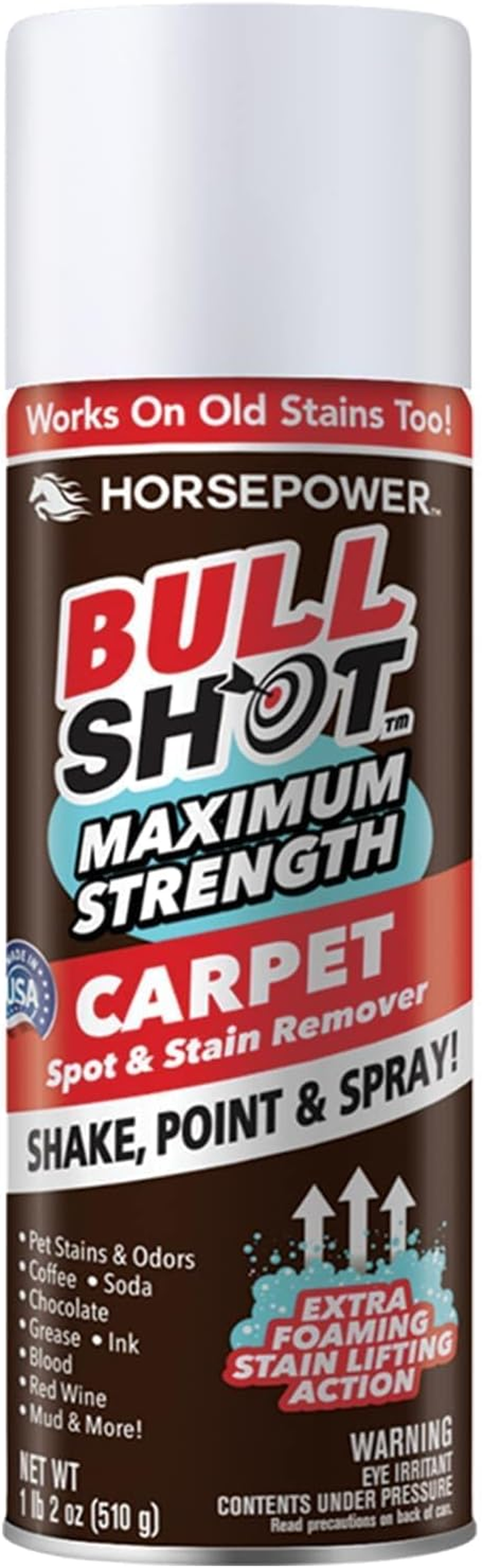 Horsepower Bull Shot MAX Strength Carpet Spot & Stain Remover, AS-SEEN-ON-TV, Just Point & Spray, Stain-Lifting Foam Action, Pet Stains & Odors, Coffee, Wine, New & Old Stains & More image number 2