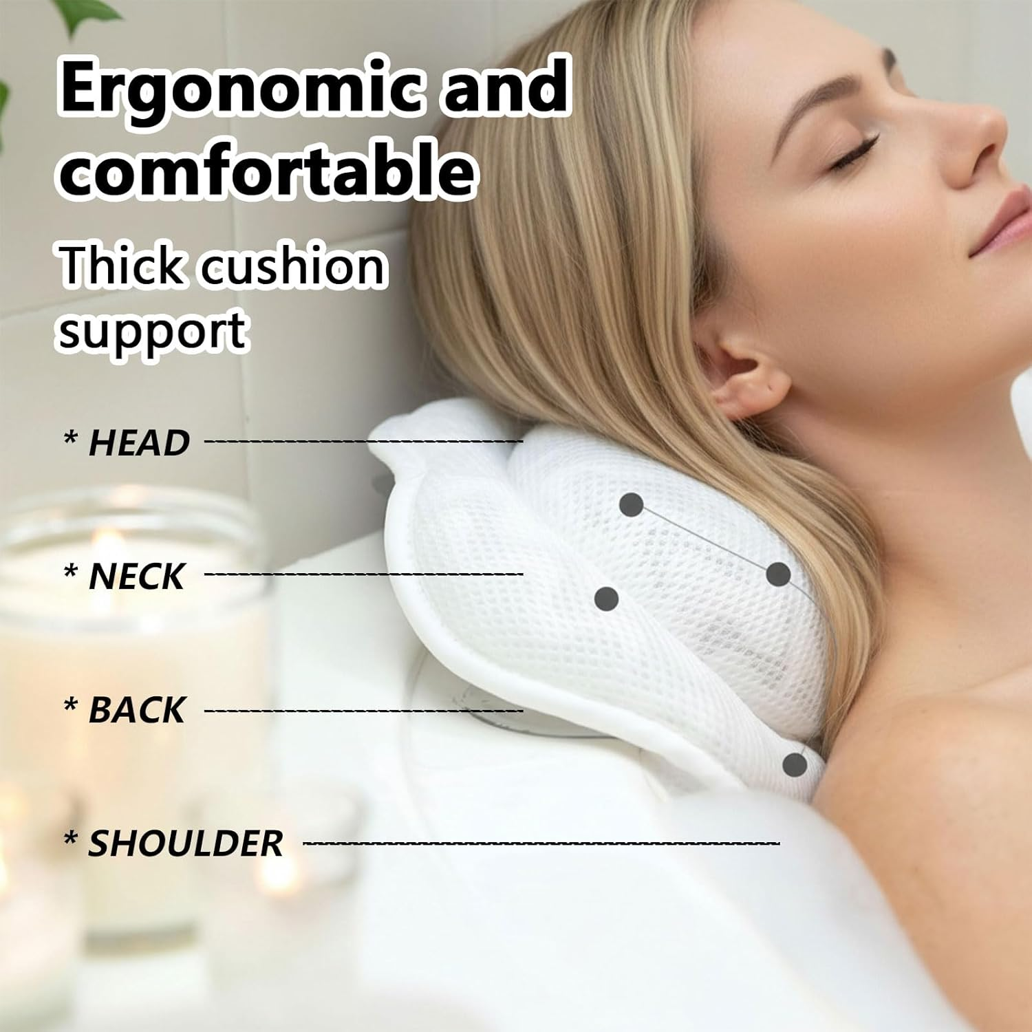 Bath Pillow for Bathtub with Head and Neck Support, 6 Strong Grip Suction Cups for Non Slip, 3D Air Mesh Fabric Soft- Povtor image number 5