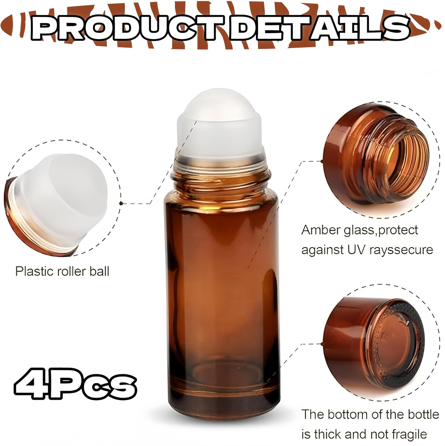 Jindizi 4PCS 30Ml Essential Oil Glass Roller Bottles, Empty Refillable Clear Roll-On Container with Pvc Balls and Lids (Amber) image number 5