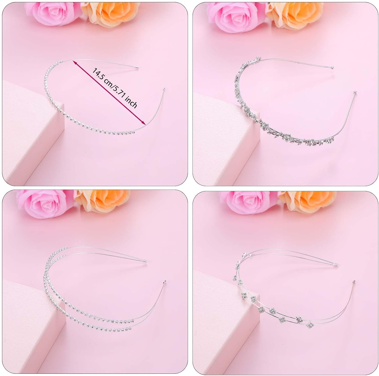 4Pcs Rhinestone Headband Silver Bridal Wedding Headband Crystal Flower Girl Leaves Crown Metal Hair Band Tiara Prom Hair Accessories Flower Leaf Headpiece for Women Girls Gift, Common, Metal image number 2