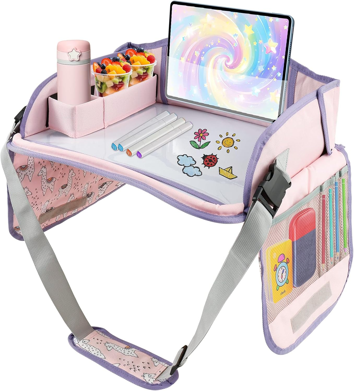 Kids Travel Tray for Toddler Car Seat, Easy to Install Toddler Lap Desk Travel with Adjustable Strap Portable Kids Lap Desk Tray for Car Road Trip Activities (Pink, Style B)