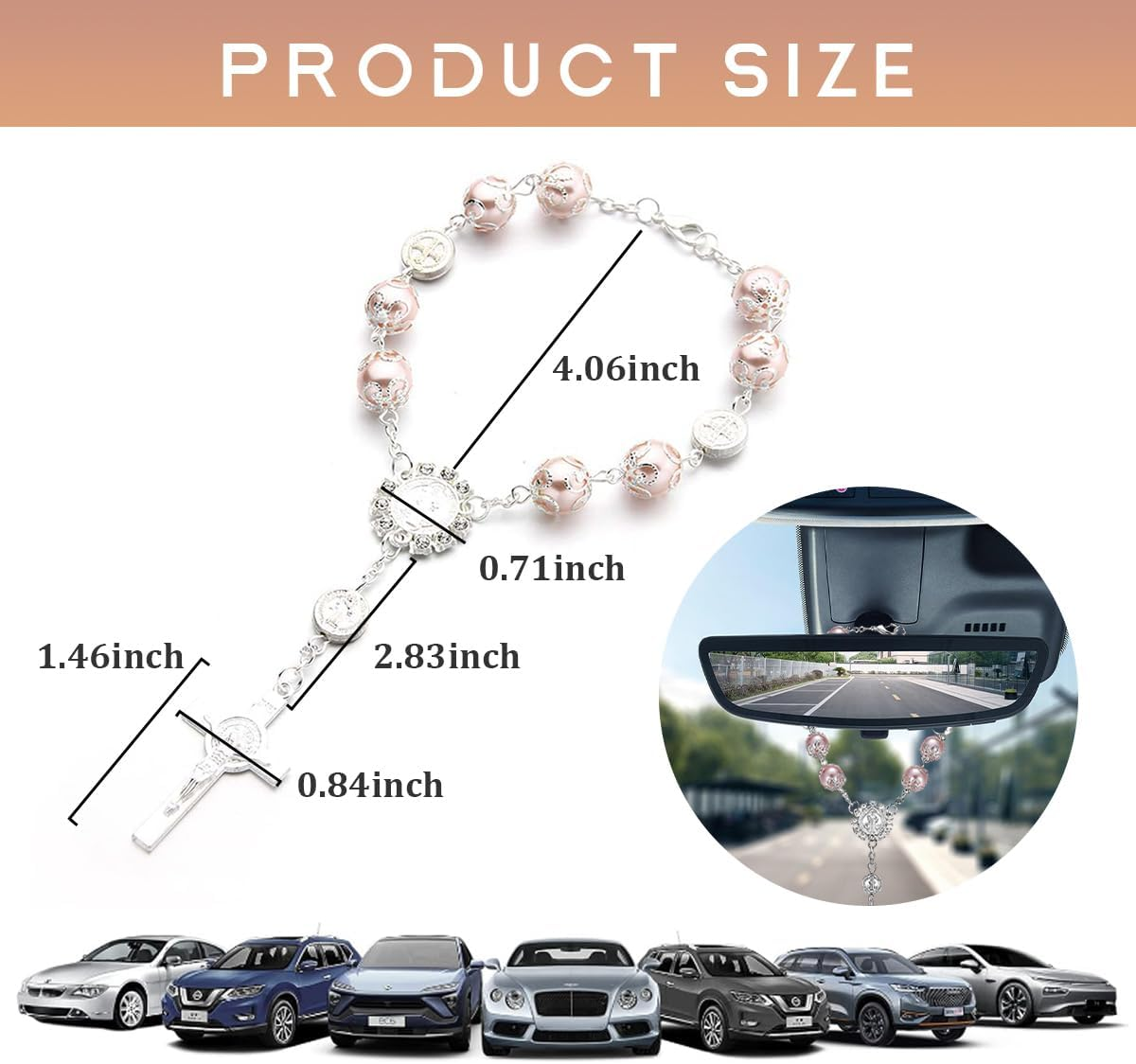 Car Rosary for Rearview Mirror, Personalized Rear View Cross Blessing Beads Decor, Auto Rearview Catholic Rosary Hanging Pendant, Interior Men Women Car Accessories (Pink)