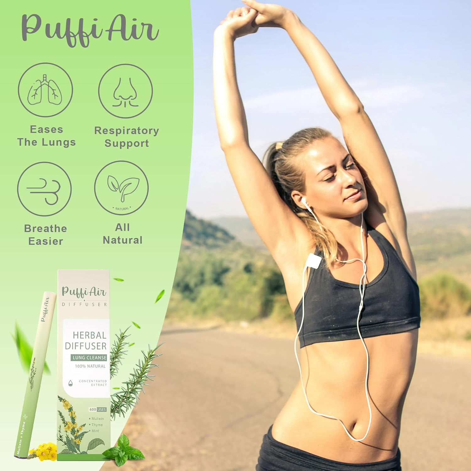 Puffiair Herbal Diffuser Upgraded with Extracts of Mullein, Thyme and Mint for Cleansing Lungs, Improving Breathing and Oral Air Freshening