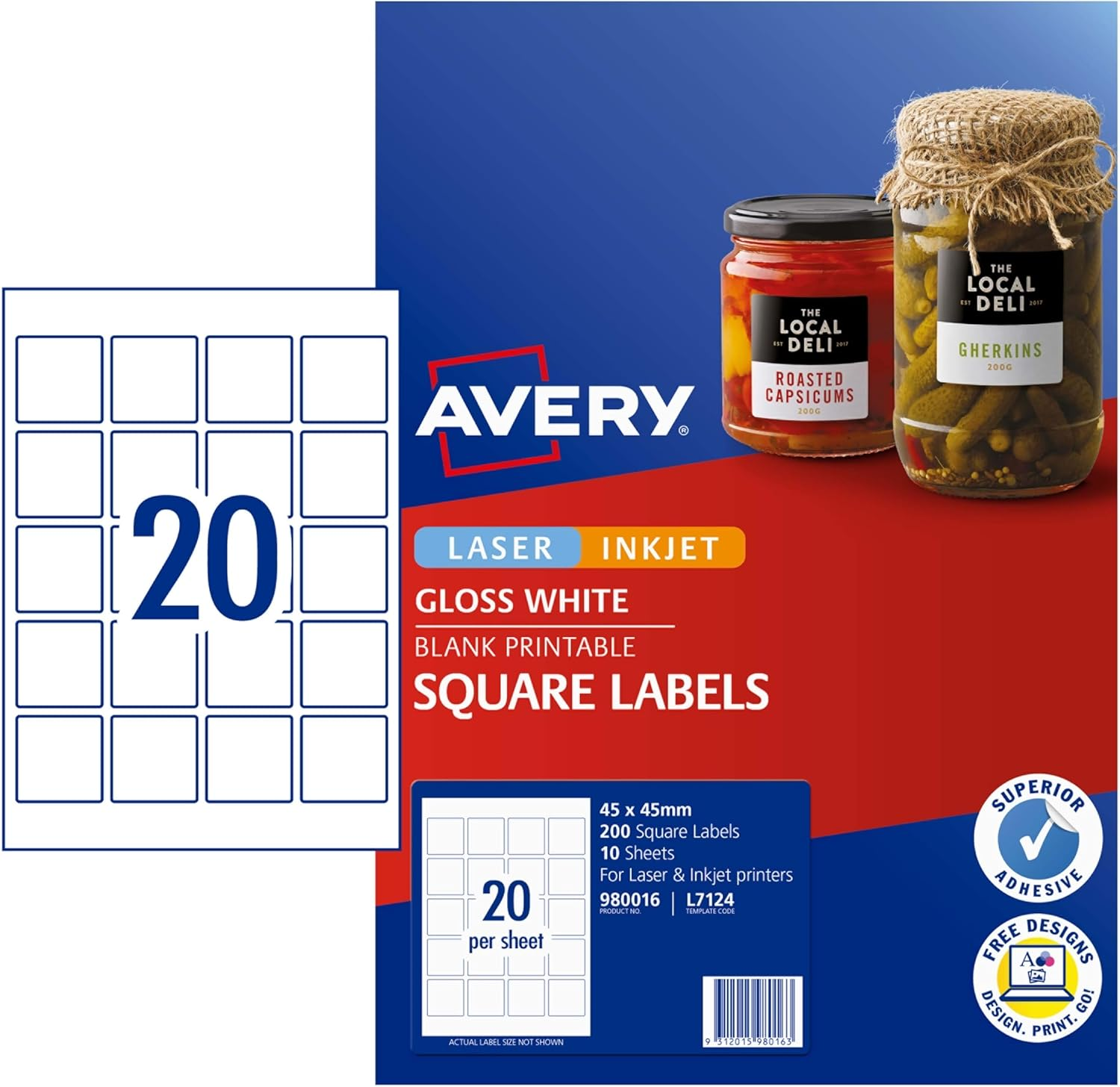 Avery Australia Glossy White Square Labels - Printable Product Stickers - Self Adhesive Sheets for Laser & Inkjet Printers - 45 X 45 Mm 10 X A4 Sheets - 980016/ L7124 image number 3