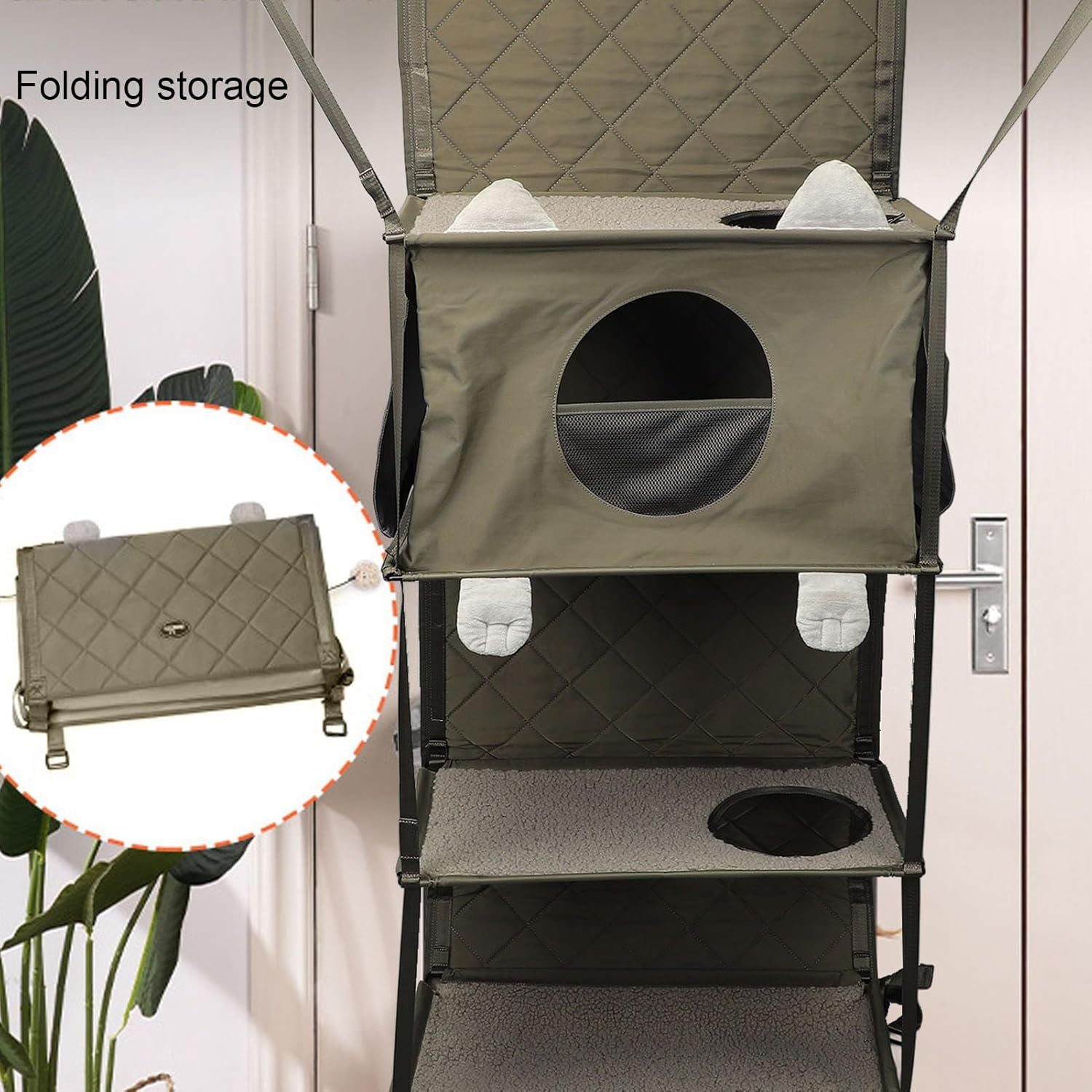 Bewinner Foldable Cat Climbing Frame Door or Wall Mounted, Multifunctional Cat Tower, Cat House Bed Furniture with Detachable Pillow & Bell Toy for Indoor Cats image number 5