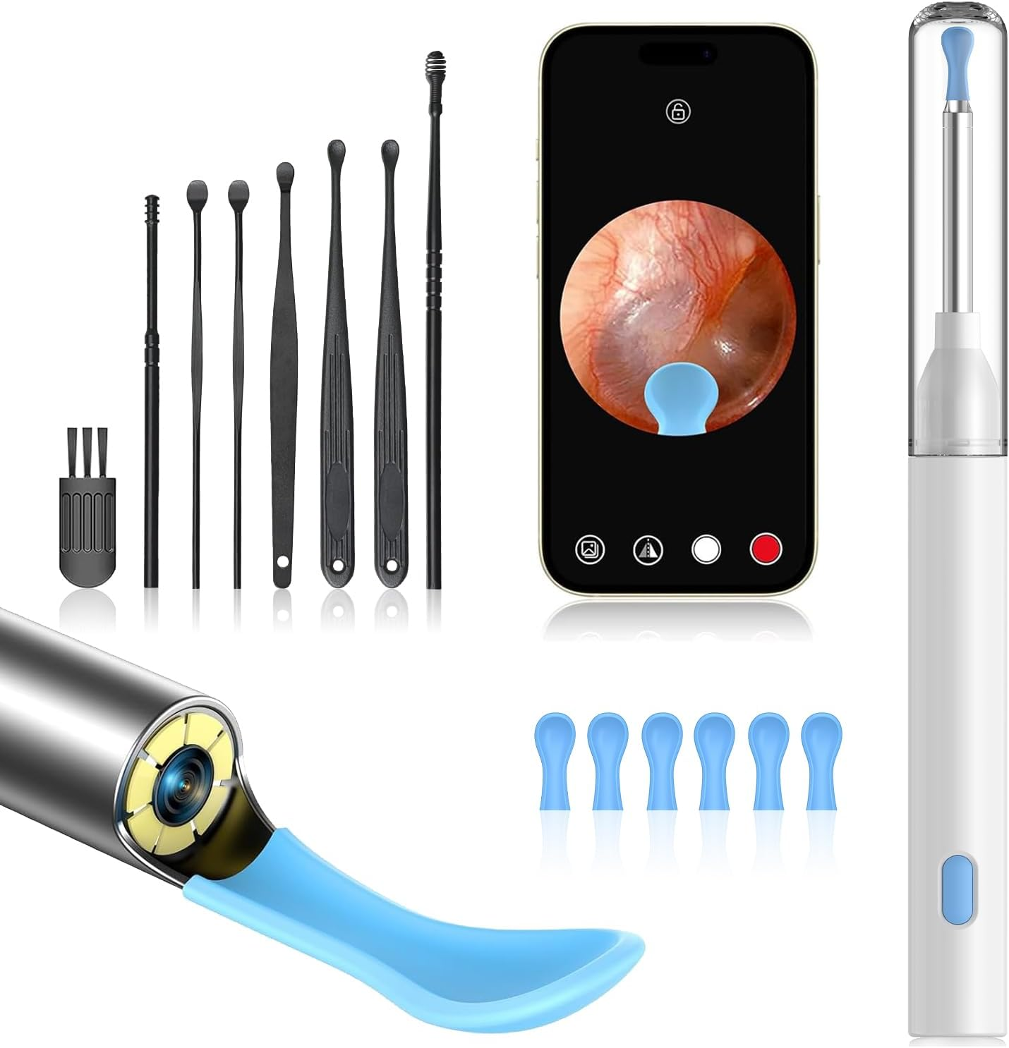 Ear Wax Removal Tool with 1080P Camera - FDA Eligible Ear Cleaner with Camera, Ear Camera Wax Removal with 6 LED Lights, 6 Spoons - Ios & Android-Compatible Earwax Removal Kit with Camera for Adults & Kids (Black)