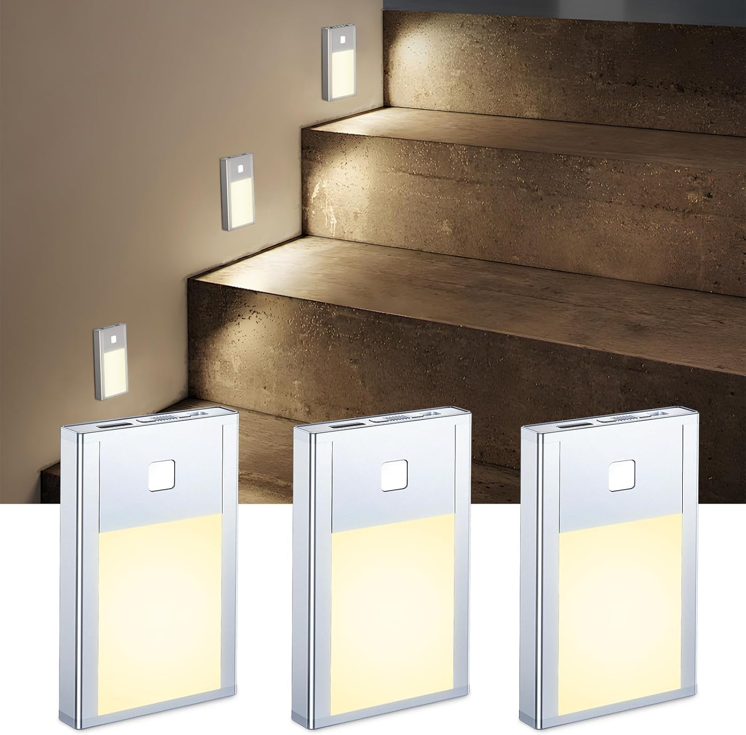 Motion Sensor Night Light Indoor, Rechargeable Magnetic Stick-On Sensor Lights with Auto/On/Off, Battery Powered for Wardrobe, Hallway, Stairs, Bedroom, Kids Room (3 Pack)