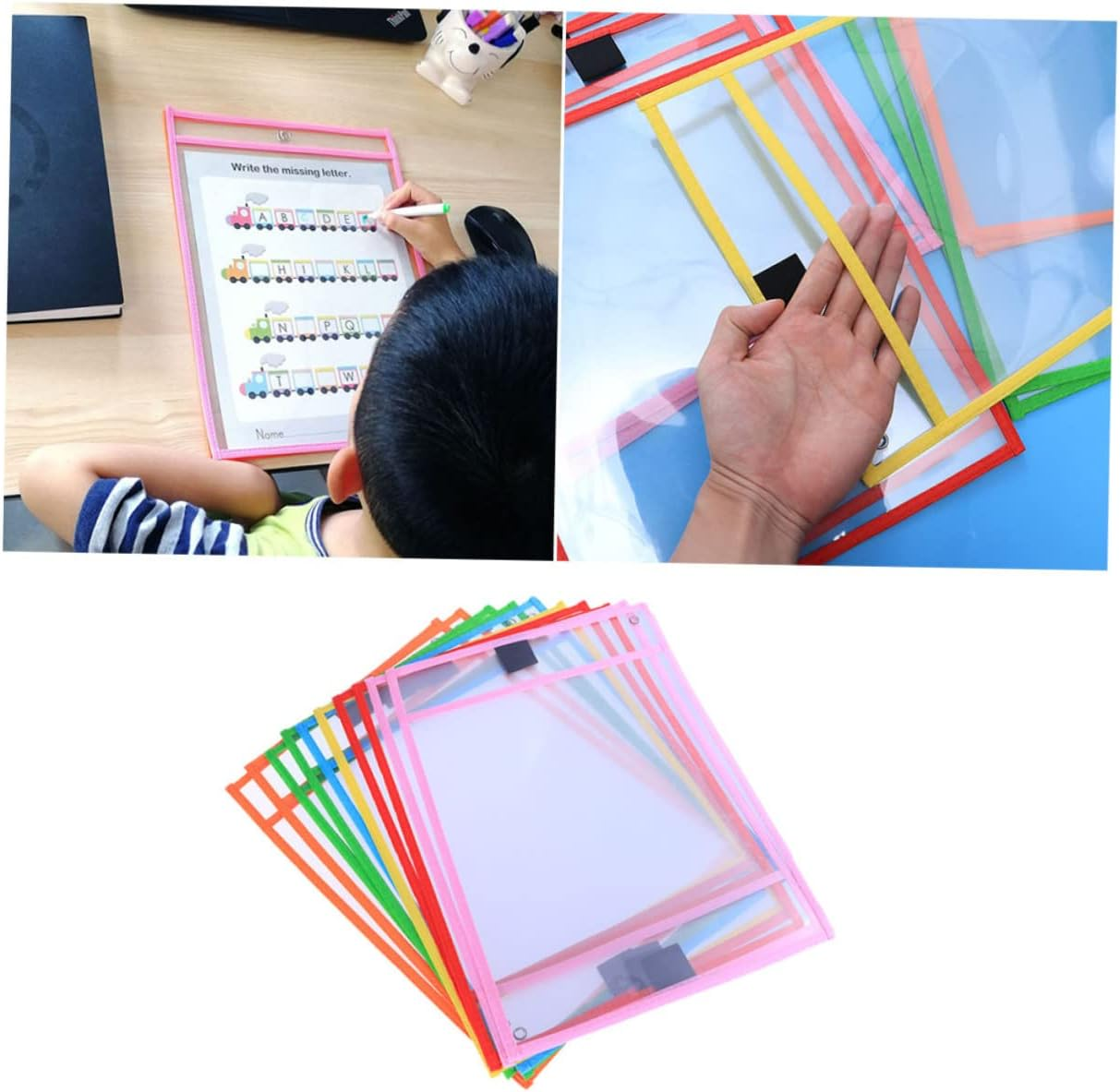 GETAJGHSD 12Pcs Reusable Dry Erase Pockets for School Office Write and Wipe Pockets Pen Case for Arts Crafts Supplies and Desk Accessories Storage Random Color image number 2